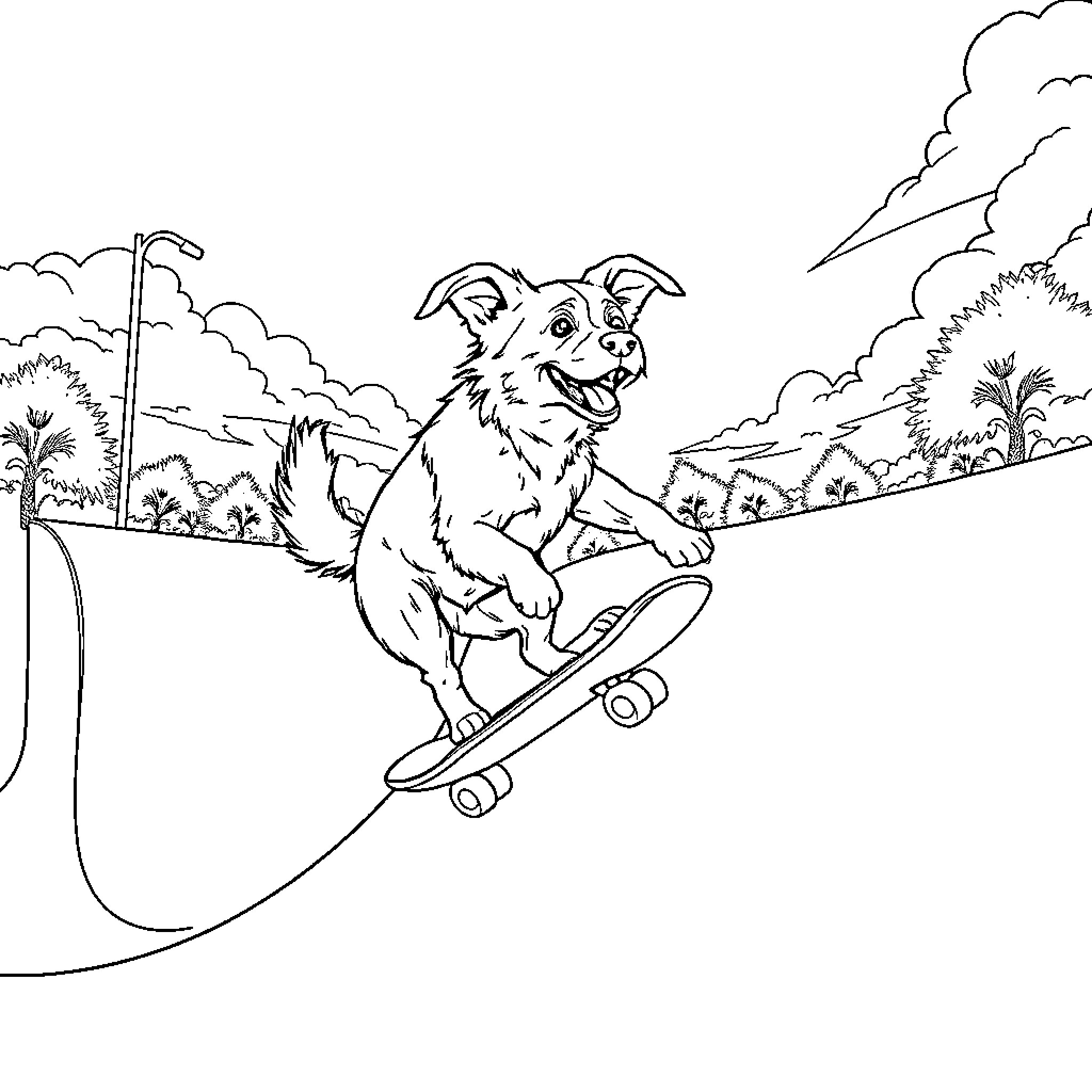 Dog riding skateboard in the park Coloring Page (free black-and-white line drawing printable PDF for all, from beginners to advanced learners, including children, teens, adults, and seniors)