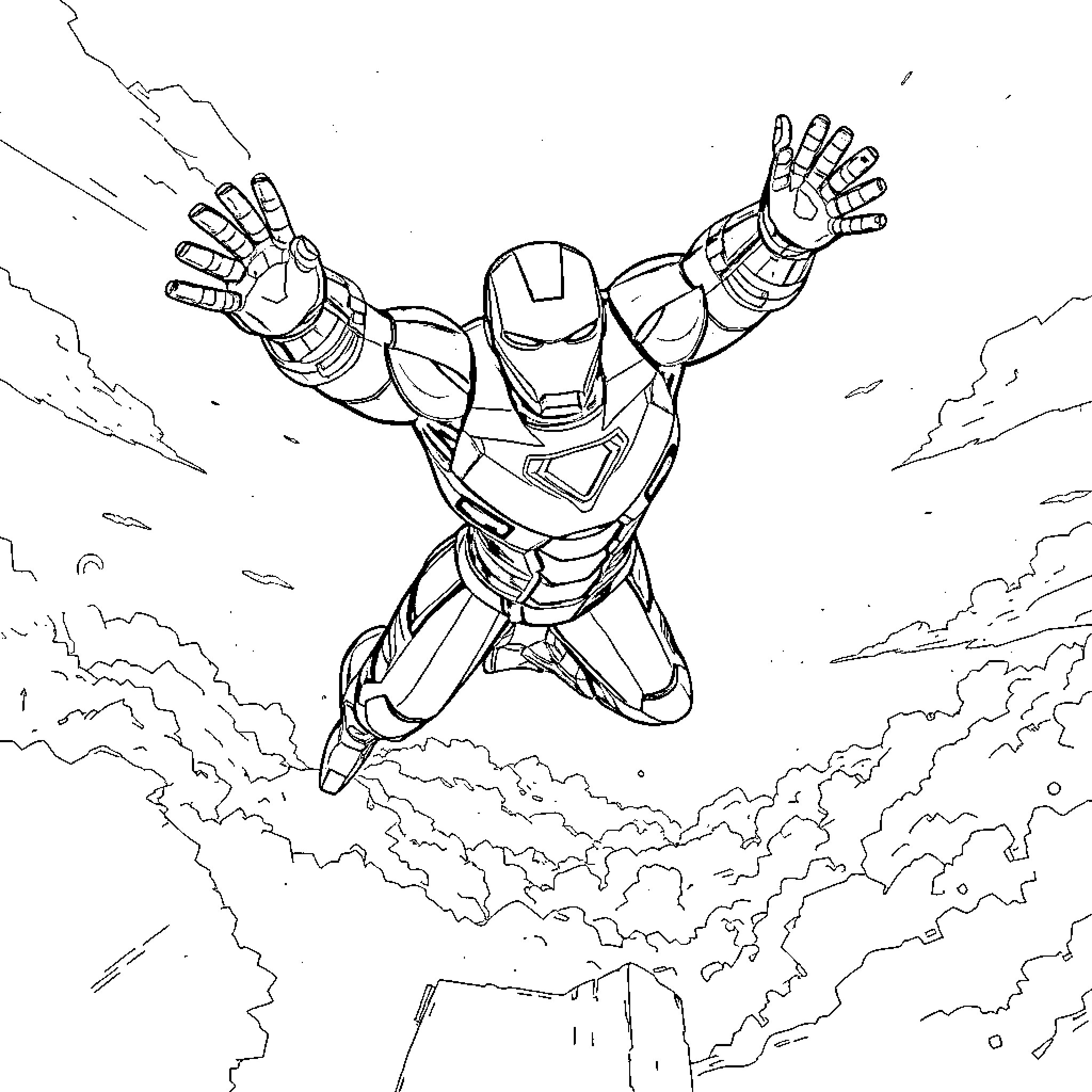 Iron Man soaring through the skies with outstretched arms Coloring Page (free black-and-white line drawing printable PDF for all, from beginners to advanced learners, including children, teens, adults, and seniors)