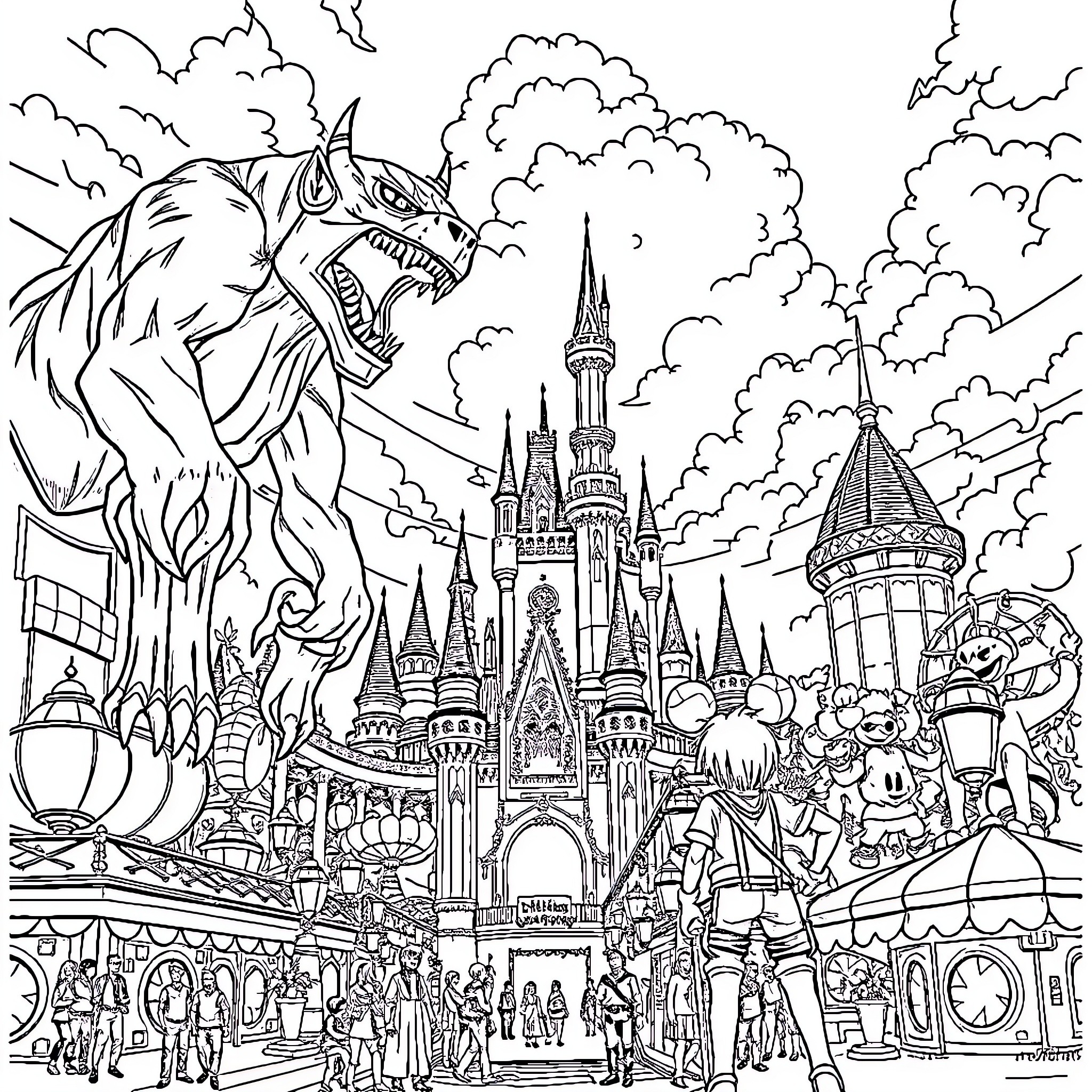 Titan's Fantastic Fantasy Realm Coloring Page (free black-and-white line drawing printable PDF for all, from beginners to advanced learners, including children, teens, adults, and seniors)