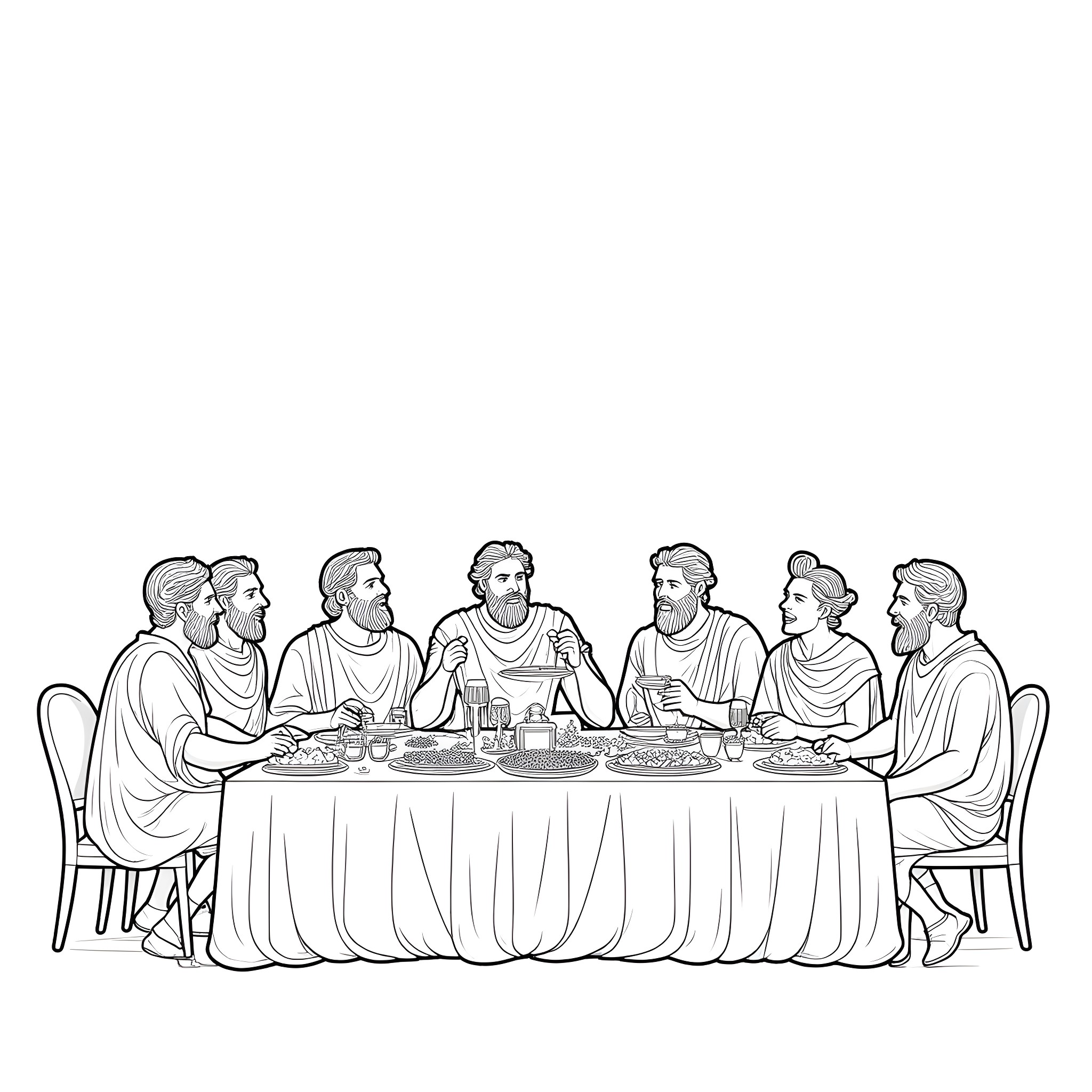 Greek God Friends Gathered for a Meal Coloring Page (free black-and-white line drawing printable PDF for all, from beginners to advanced learners, including children, teens, adults, and seniors)