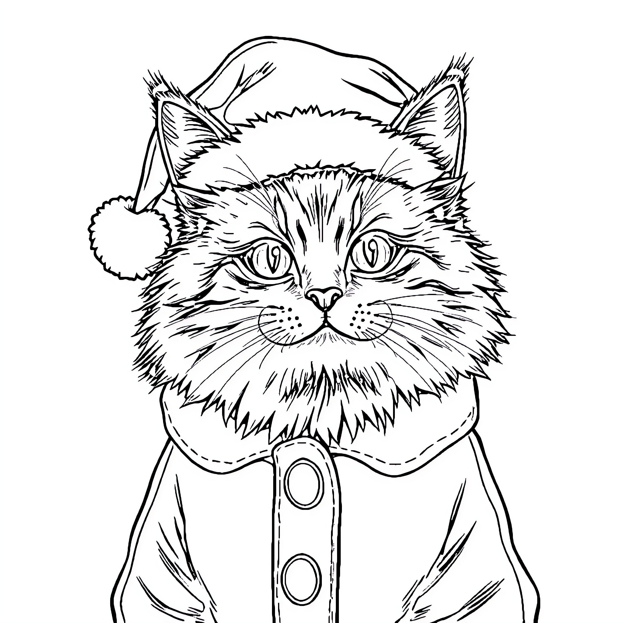 Cat wearing Santa hat and coat Coloring Page (free black-and-white line drawing printable PDF for all, from beginners to advanced learners, including children, teens, adults, and seniors)