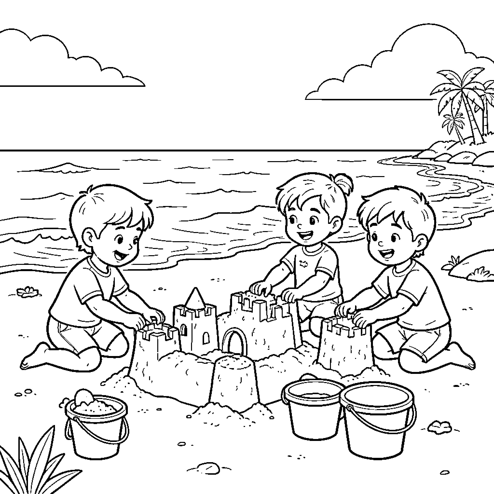 Enfant building sandcastles together on a sunny beach Coloring Page (free black-and-white line drawing printable PDF for all, from beginners to advanced learners, including children, teens, adults, and seniors)