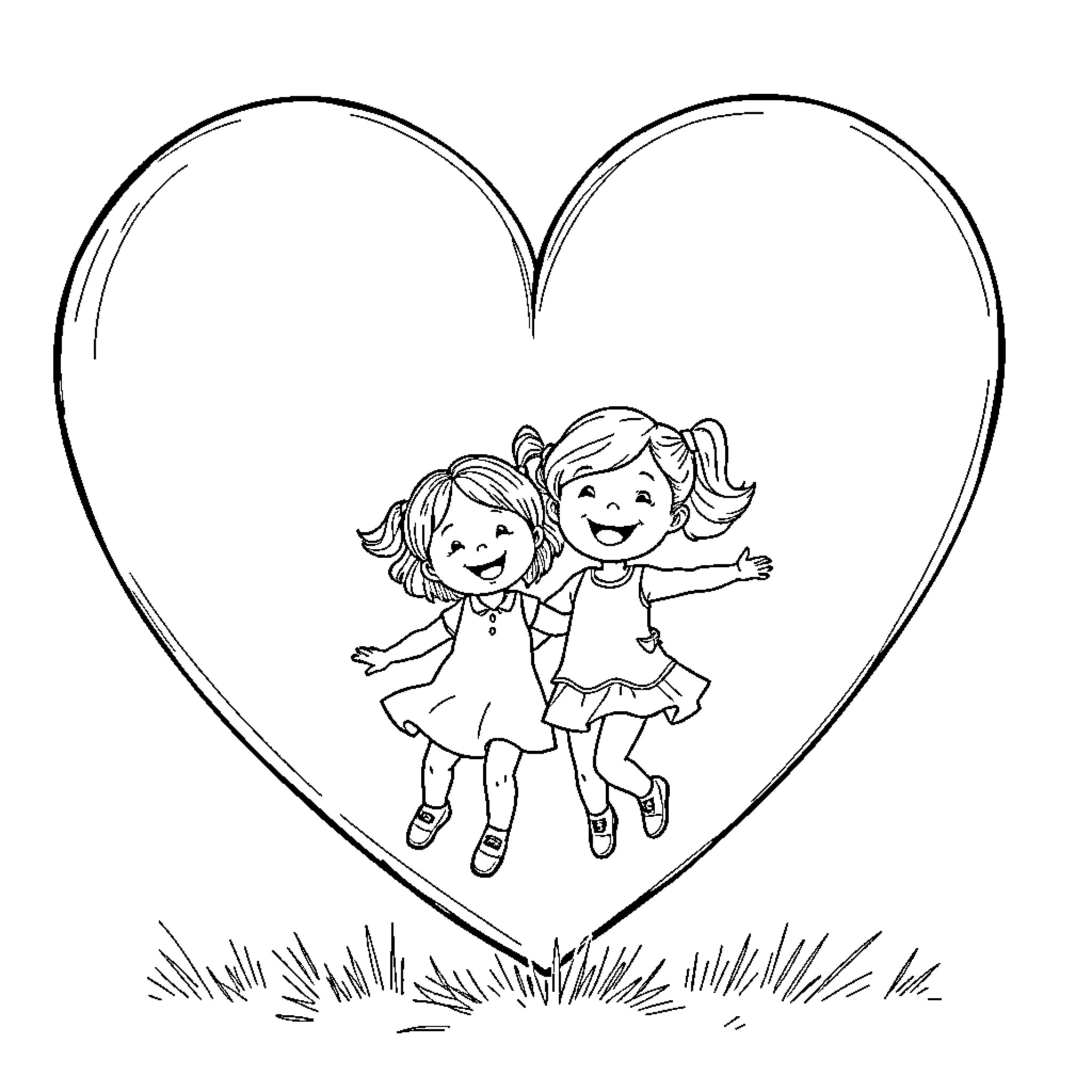 Heart-shaped love surrounding two joyful children Coloring Page (free black-and-white line drawing printable PDF for all, from beginners to advanced learners, including children, teens, adults, and seniors)
