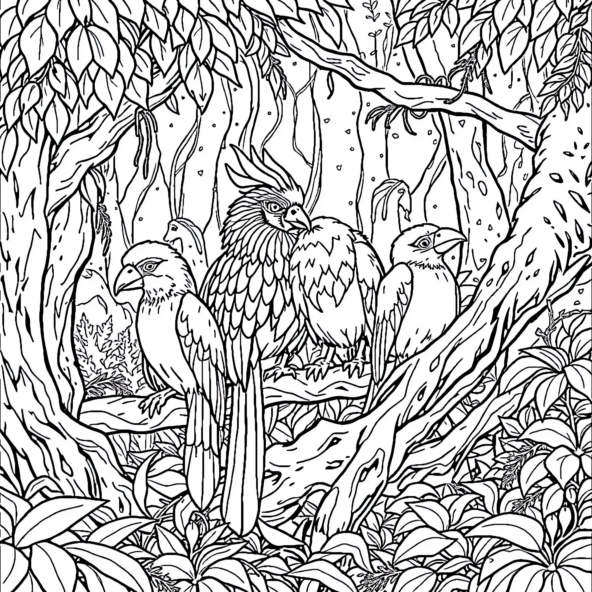 Animal family in lush forest Coloring Page (free black-and-white line drawing printable PDF for all, from beginners to advanced learners, including children, teens, adults, and seniors)