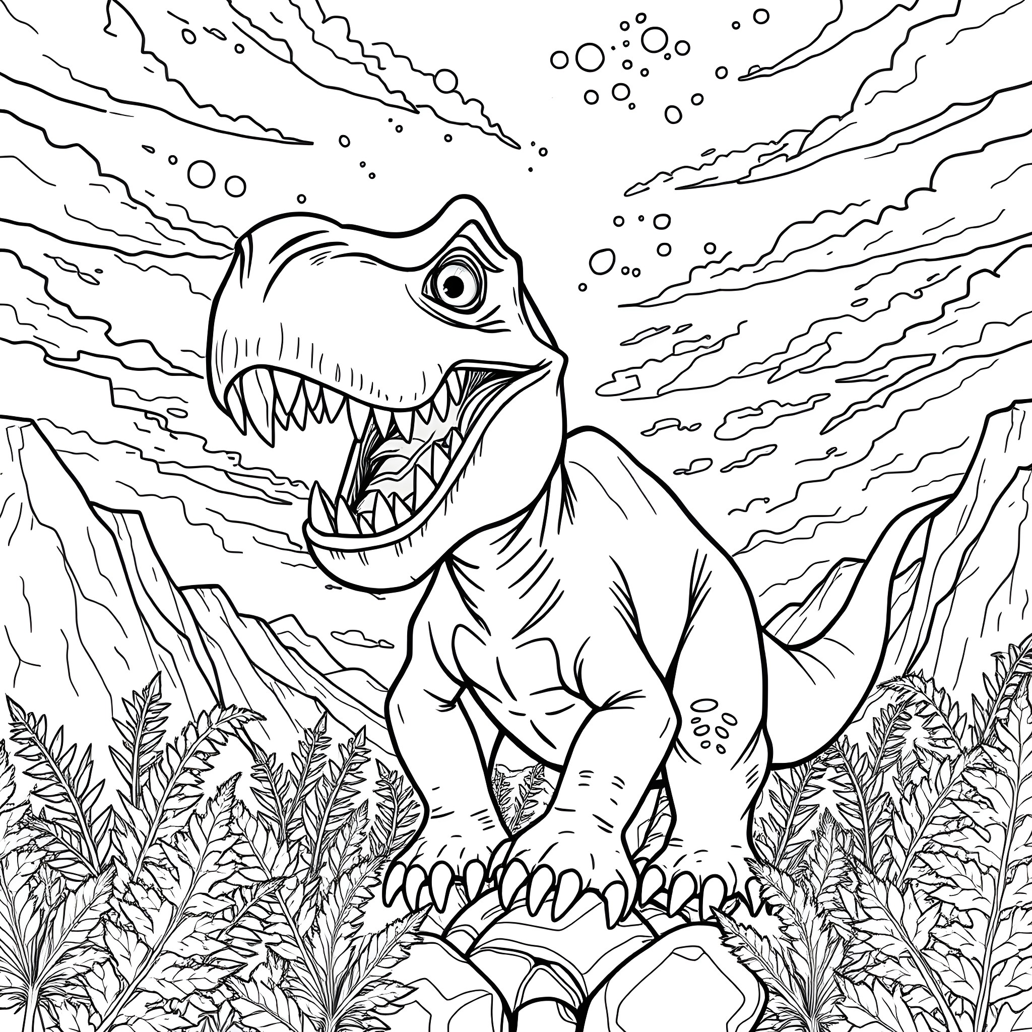 Dinosaur roaring in a prehistoric landscape Coloring Page (free black-and-white line drawing printable PDF for all, from beginners to advanced learners, including children, teens, adults, and seniors)