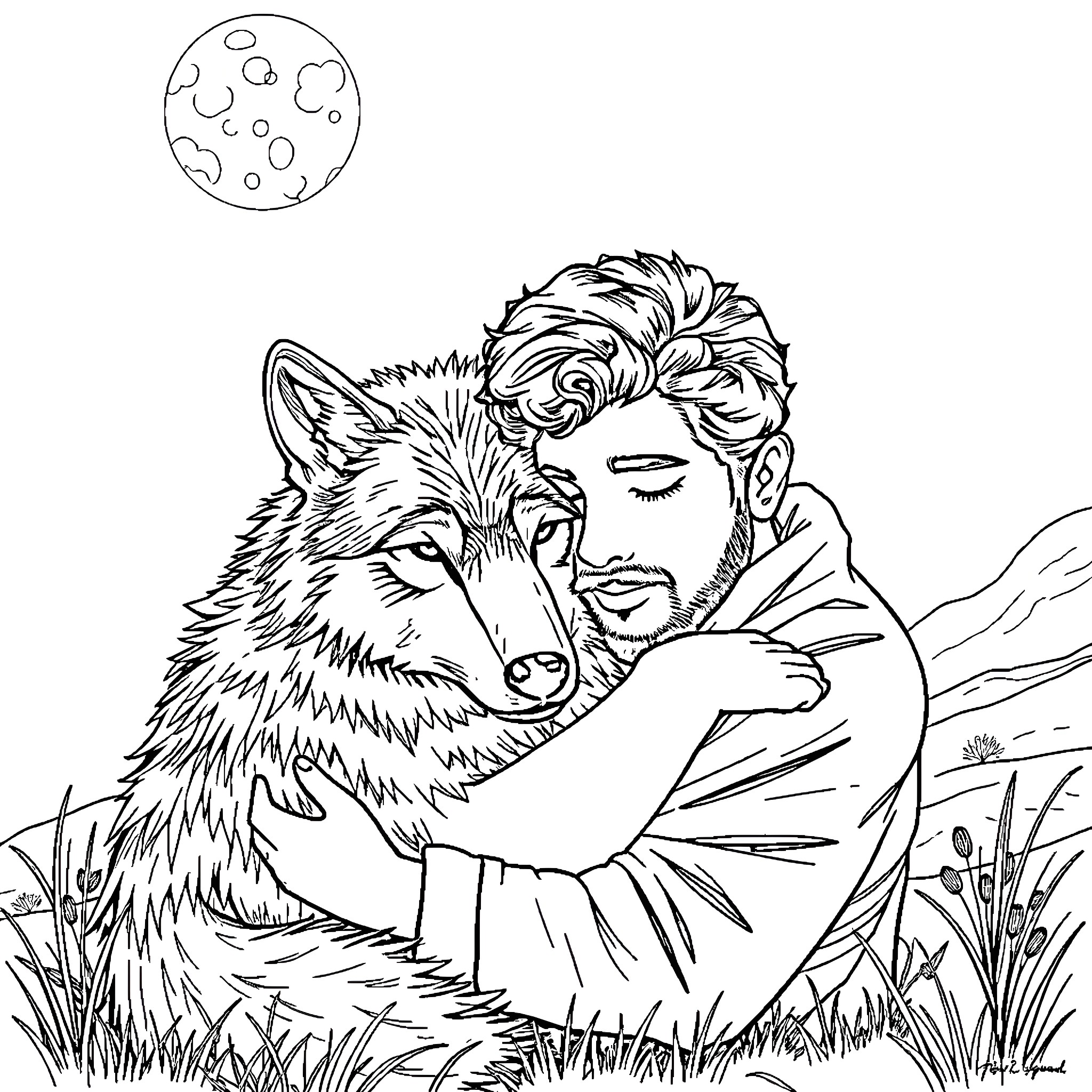 Richard Ayoade embracing a wolf under the moon Coloring Page (free black-and-white line drawing printable PDF for all, from beginners to advanced learners, including children, teens, adults, and seniors)