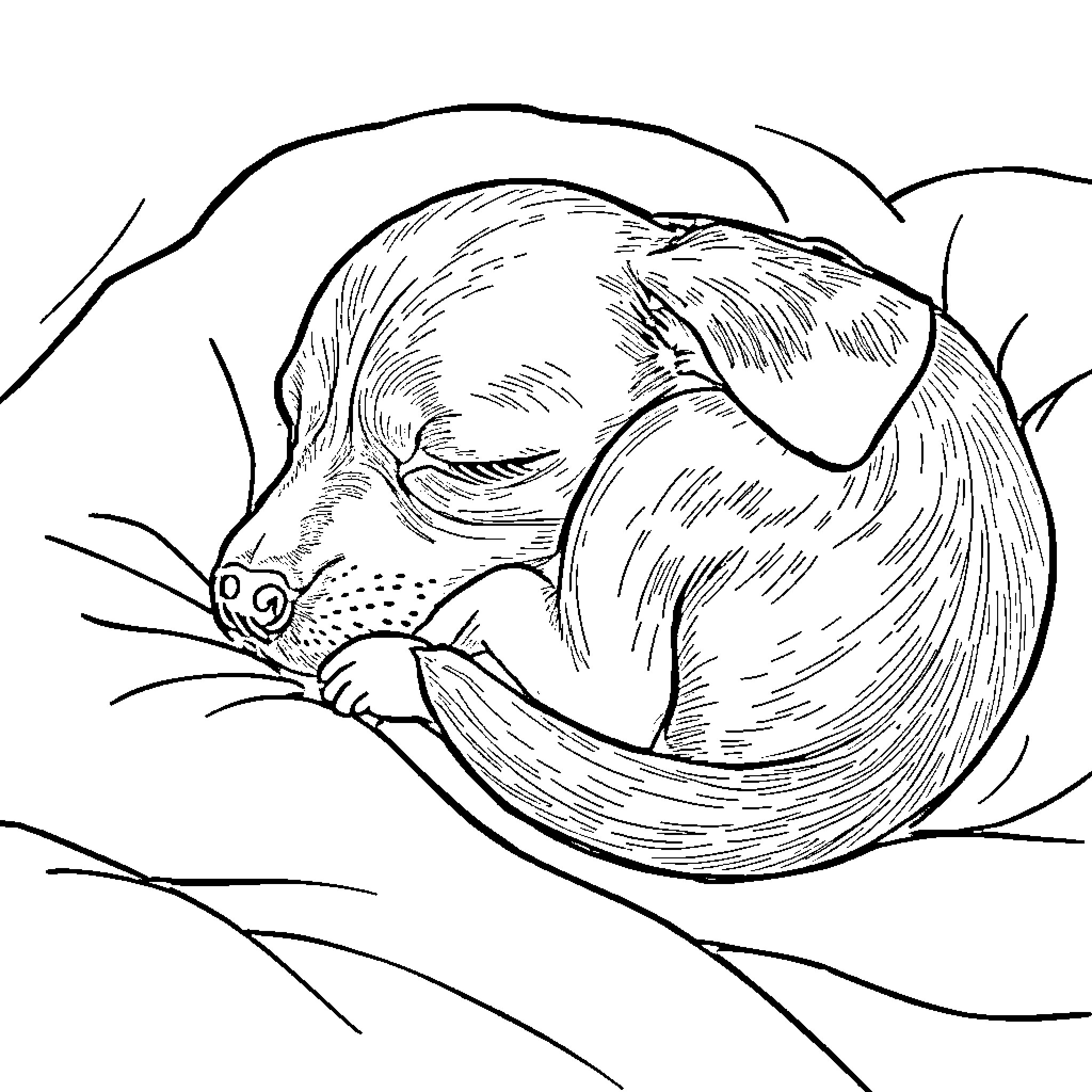 Dog curled up and sleeping peacefully Coloring Page (free black-and-white line drawing printable PDF for all, from beginners to advanced learners, including children, teens, adults, and seniors)