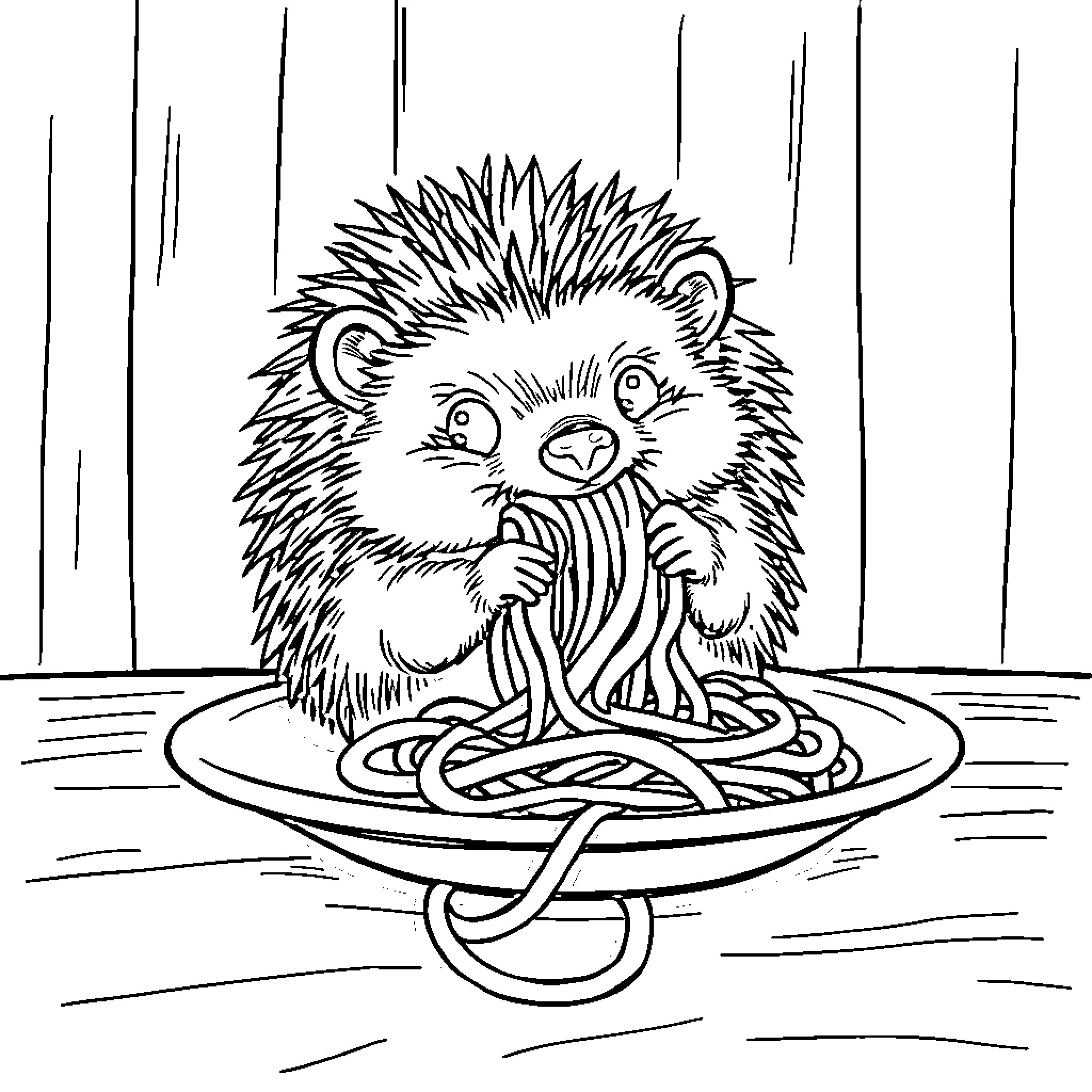 Hedgehog enjoying a spaghetti dinner Coloring Page (free black-and-white line drawing printable PDF for all, from beginners to advanced learners, including children, teens, adults, and seniors)