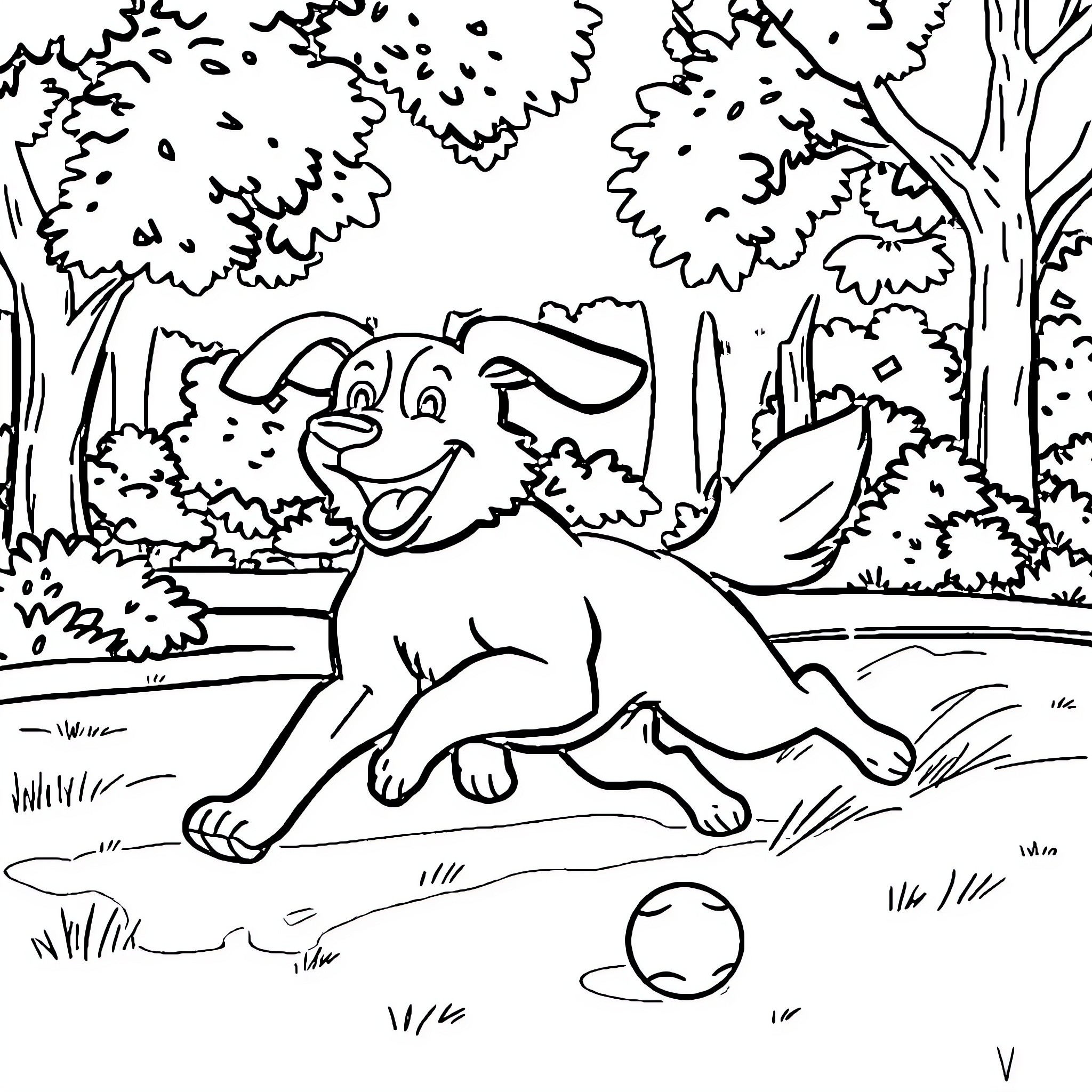 Dog chasing a ball in the park Coloring Page (free black-and-white line drawing printable PDF for all, from beginners to advanced learners, including children, teens, adults, and seniors)