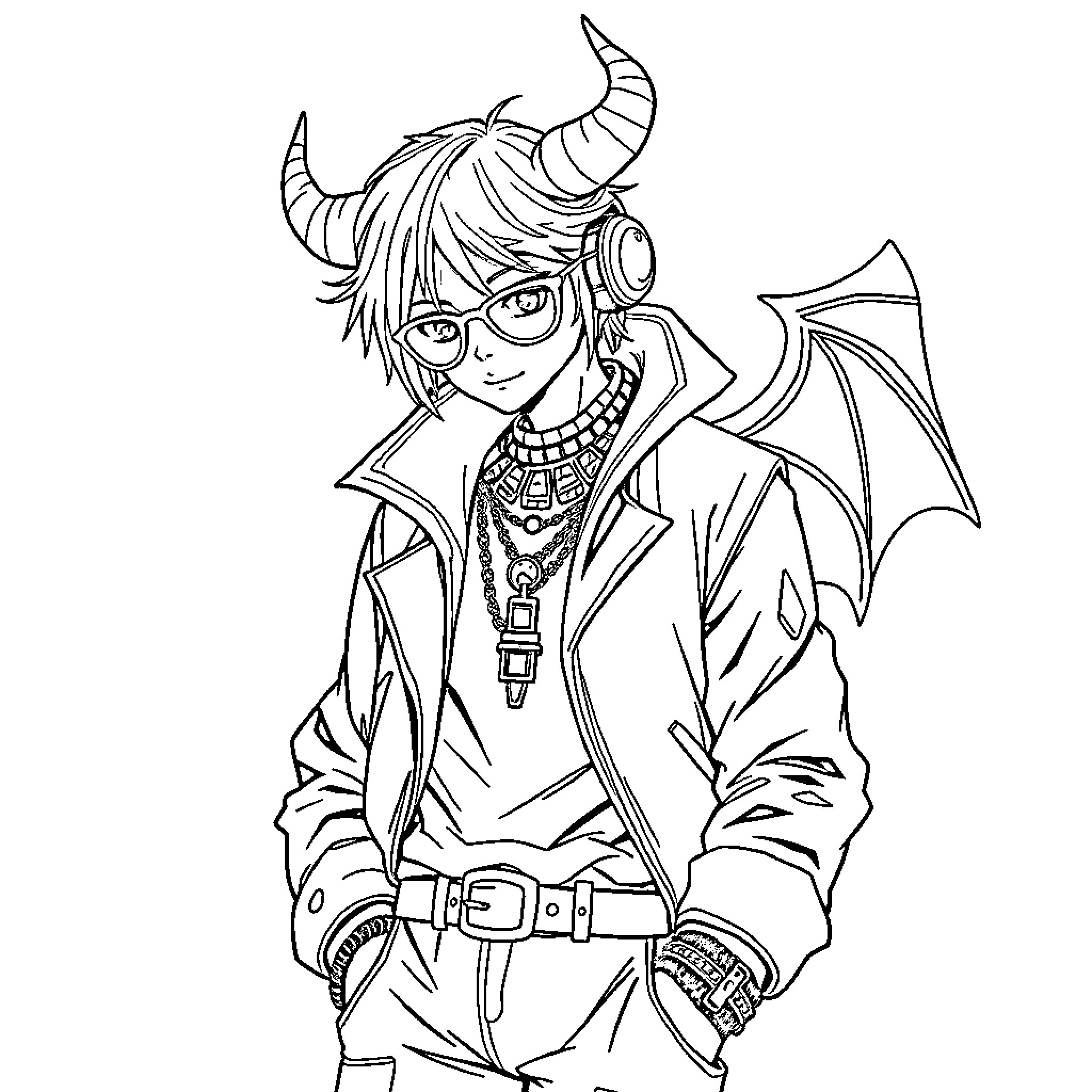 Demon Hunter with Horns and Striking Outfit Coloring Page (free black-and-white line drawing printable PDF for all, from beginners to advanced learners, including children, teens, adults, and seniors)