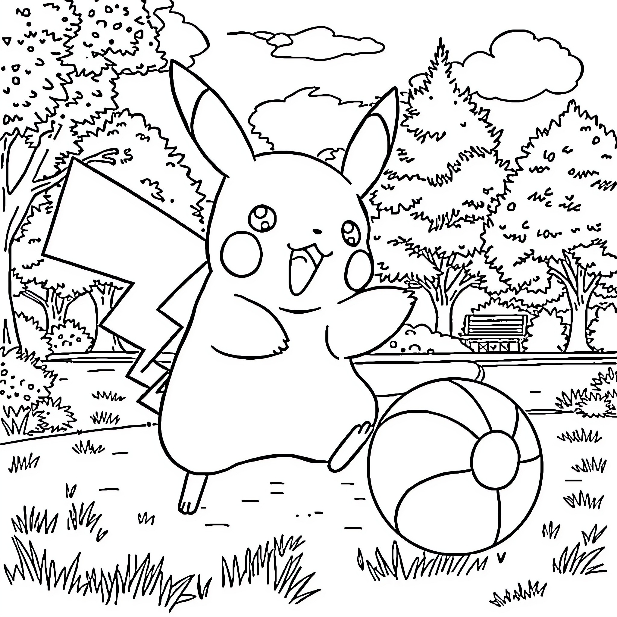 Pikachu enjoying a sunny day in the park Coloring Page (free black-and-white line drawing printable PDF for all, from beginners to advanced learners, including children, teens, adults, and seniors)