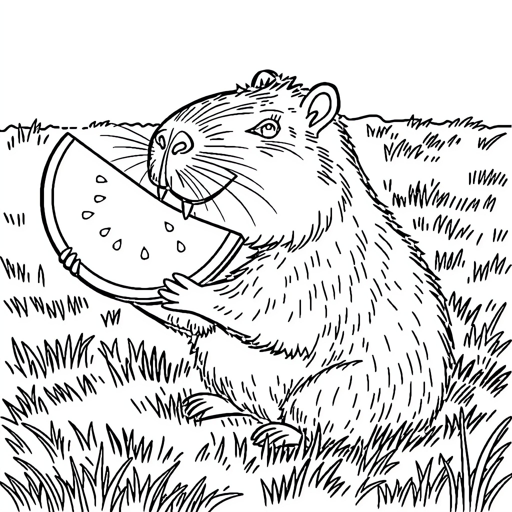 Capybara enjoying a refreshing watermelon treat Coloring Page (free black-and-white line drawing printable PDF for all, from beginners to advanced learners, including children, teens, adults, and seniors)
