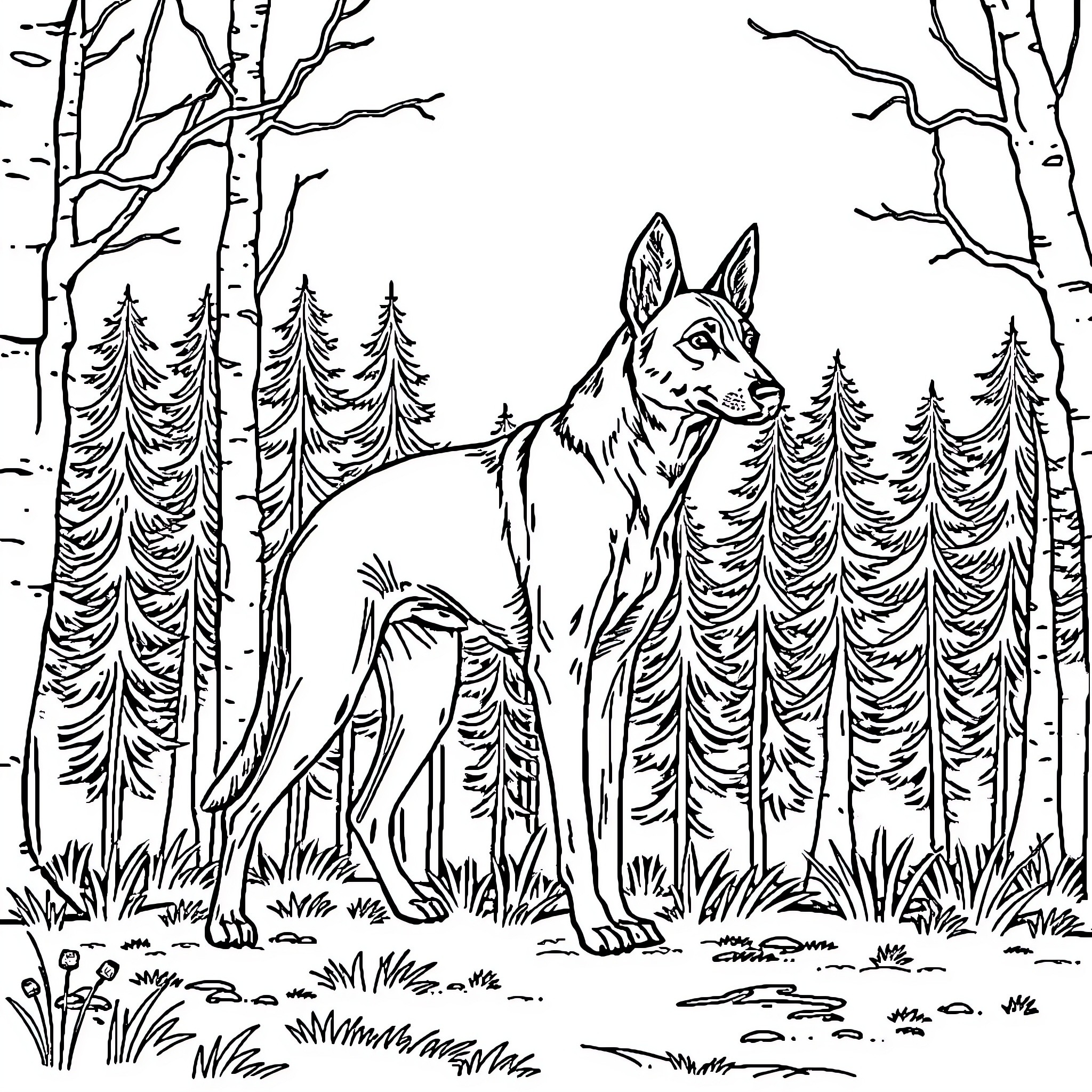 Hound alert in the forest Coloring Page (free black-and-white line drawing printable PDF for all, from beginners to advanced learners, including children, teens, adults, and seniors)