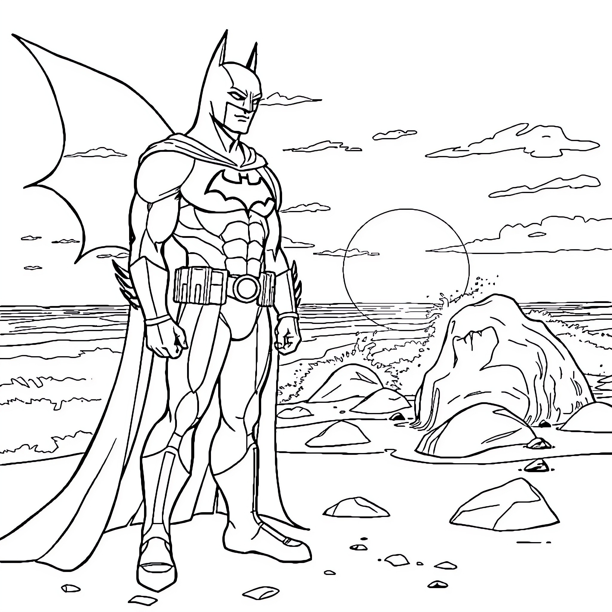 Batman standing vigilantly on a rocky beach Coloring Page (free black-and-white line drawing printable PDF for all, from beginners to advanced learners, including children, teens, adults, and seniors)