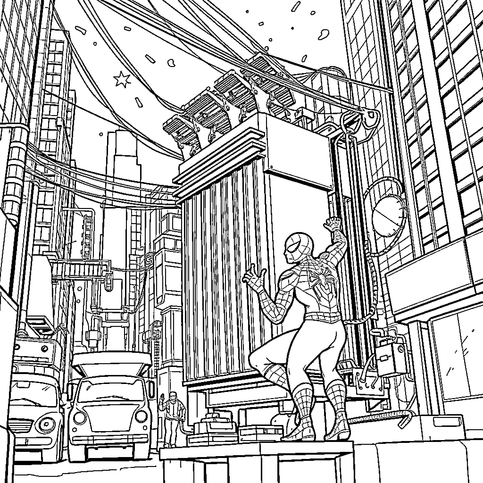 Spiderman swinging through the city streets Coloring Page (free black-and-white line drawing printable PDF for all, from beginners to advanced learners, including children, teens, adults, and seniors)