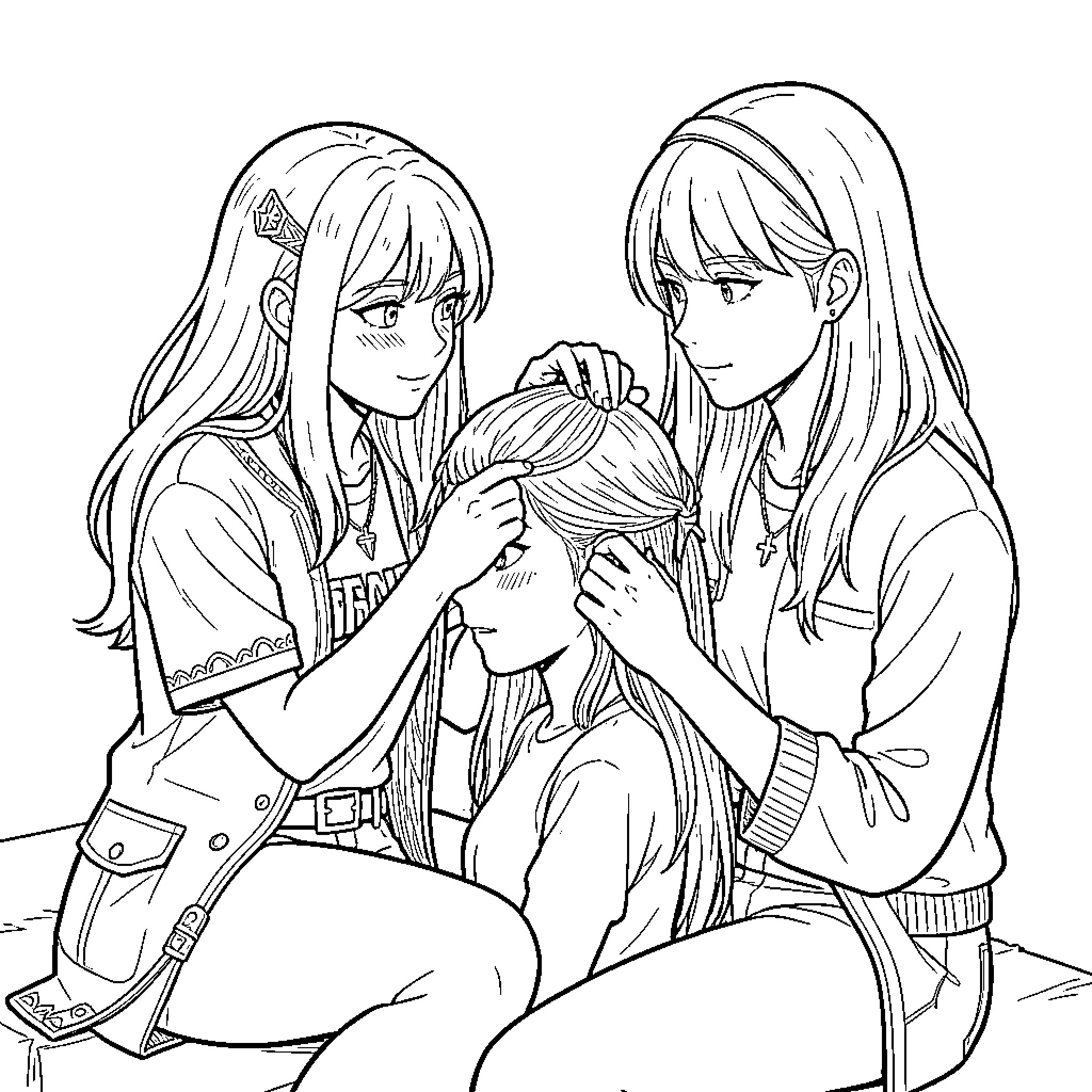 Zoey and friends styling a girl's hair Coloring Page (free black-and-white line drawing printable PDF for all, from beginners to advanced learners, including children, teens, adults, and seniors)
