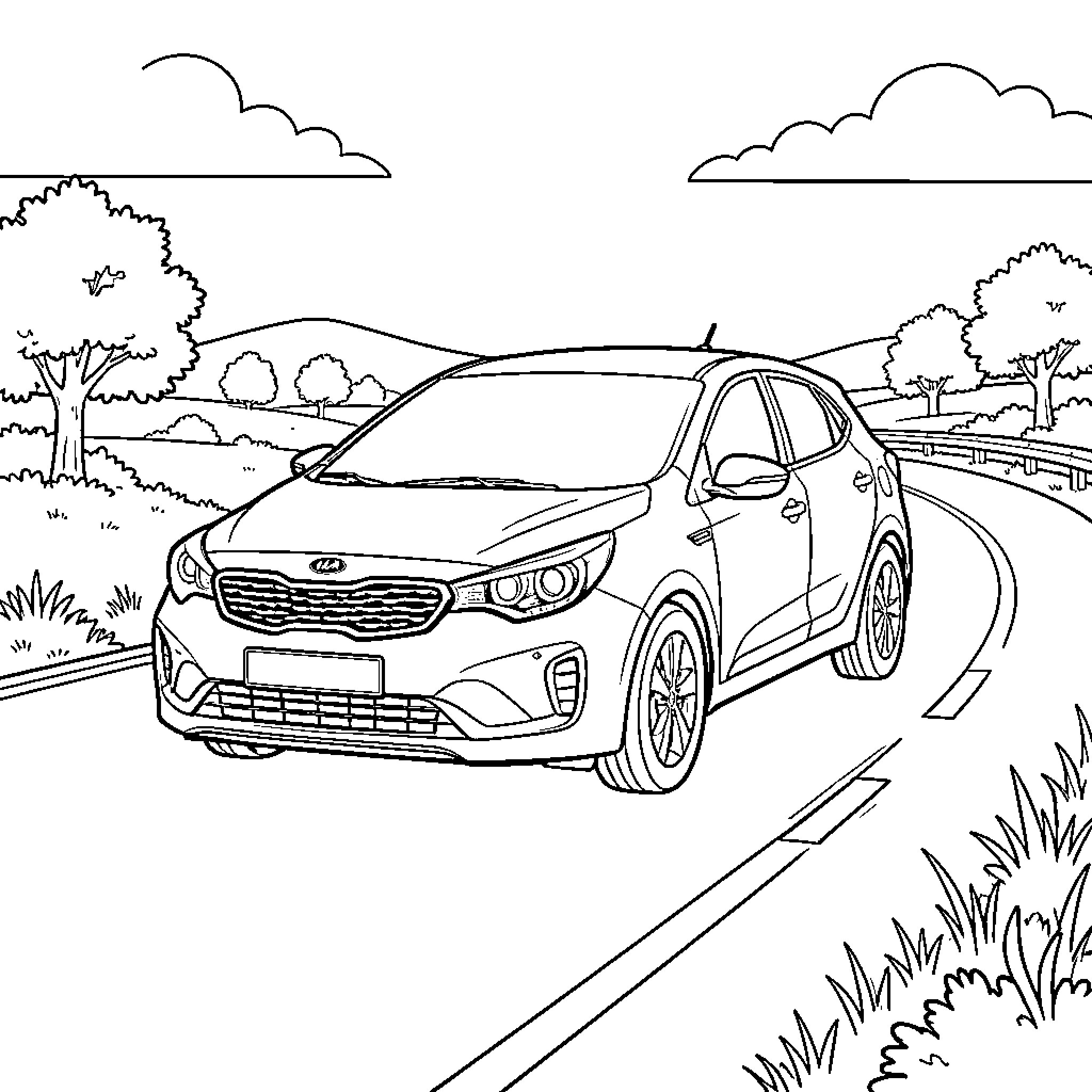 Kia driving smoothly along a winding scenic road Coloring Page (free black-and-white line drawing printable PDF for all, from beginners to advanced learners, including children, teens, adults, and seniors)