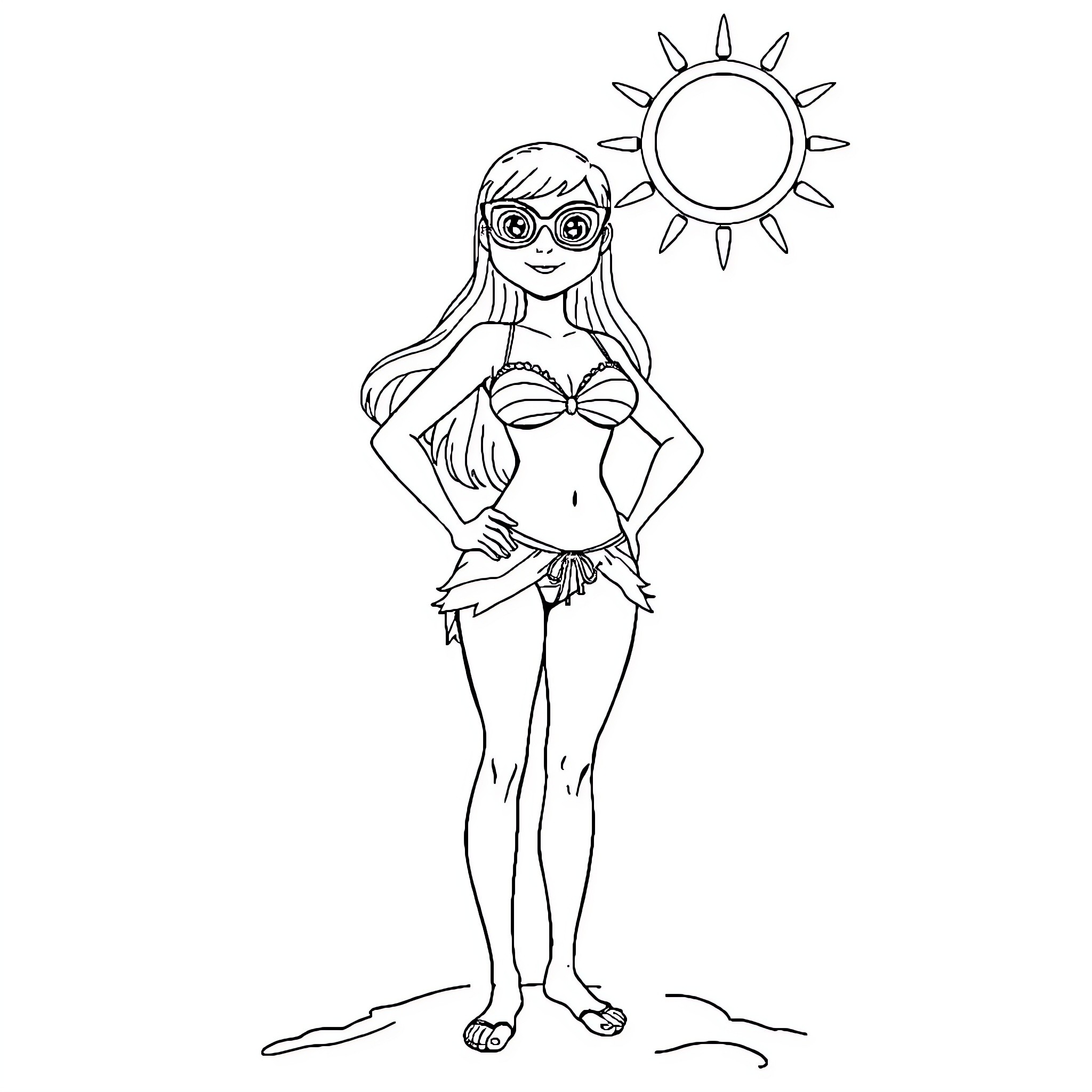 Robin enjoying the sunny day at the beach Coloring Page (free black-and-white line drawing printable PDF for all, from beginners to advanced learners, including children, teens, adults, and seniors)