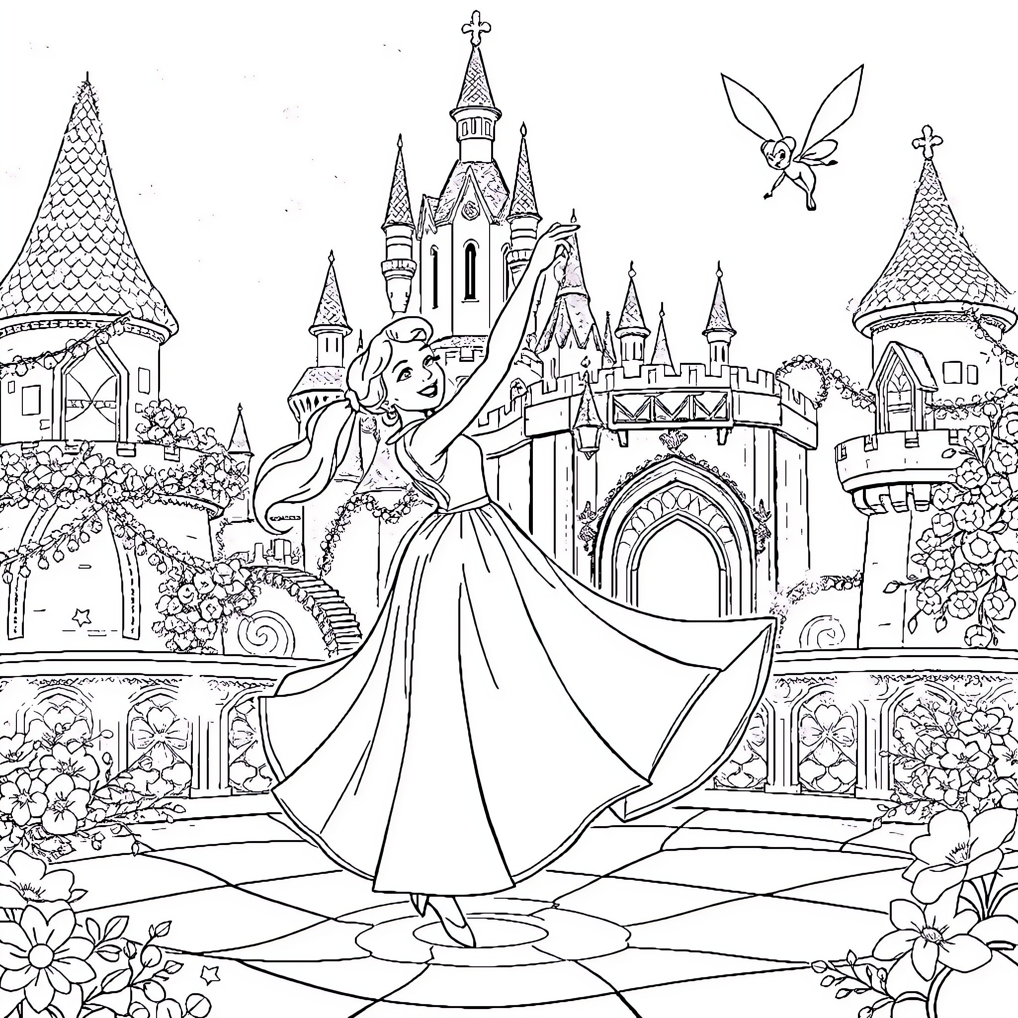 Elisa's Enchanted Castle Adventure Coloring Page (free black-and-white line drawing printable PDF for all, from beginners to advanced learners, including children, teens, adults, and seniors)