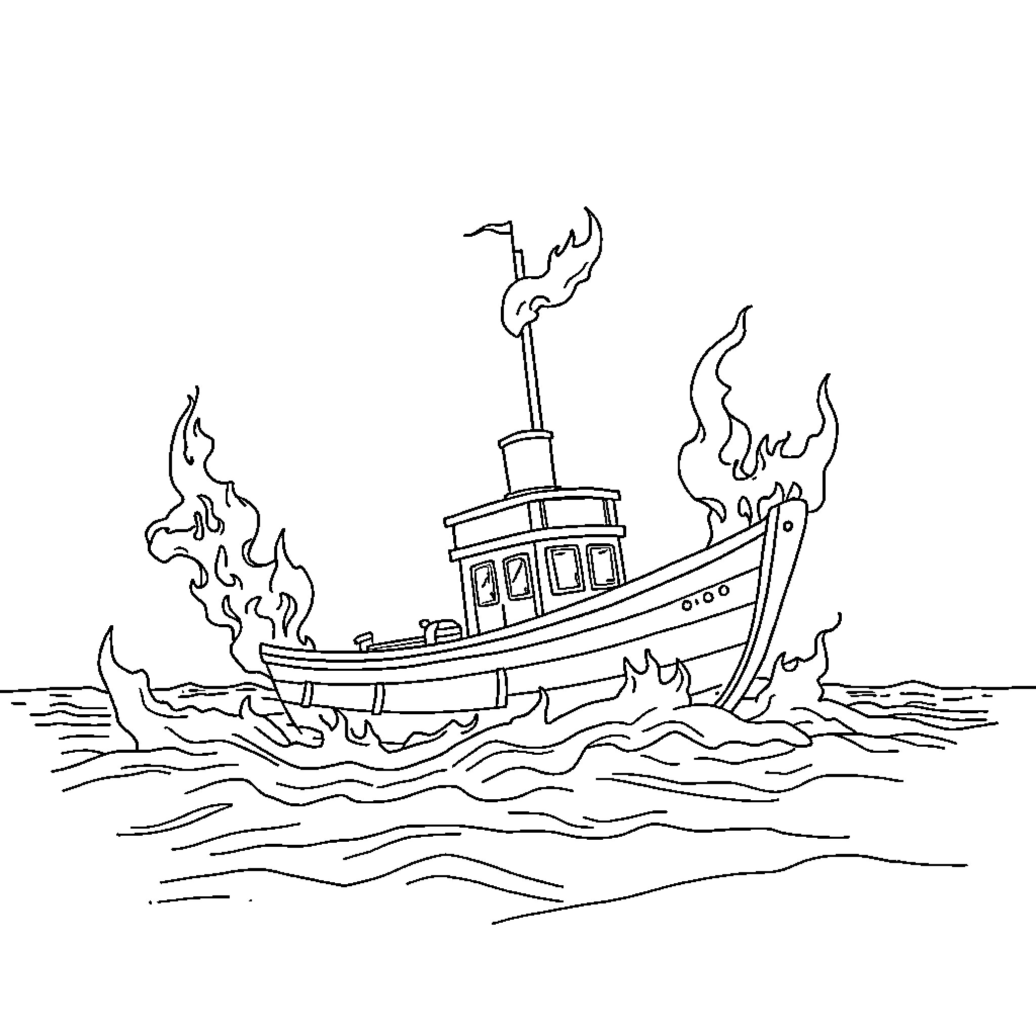 Boat in Rough Seas with Flames Coloring Page (free black-and-white line drawing printable PDF for all, from beginners to advanced learners, including children, teens, adults, and seniors)