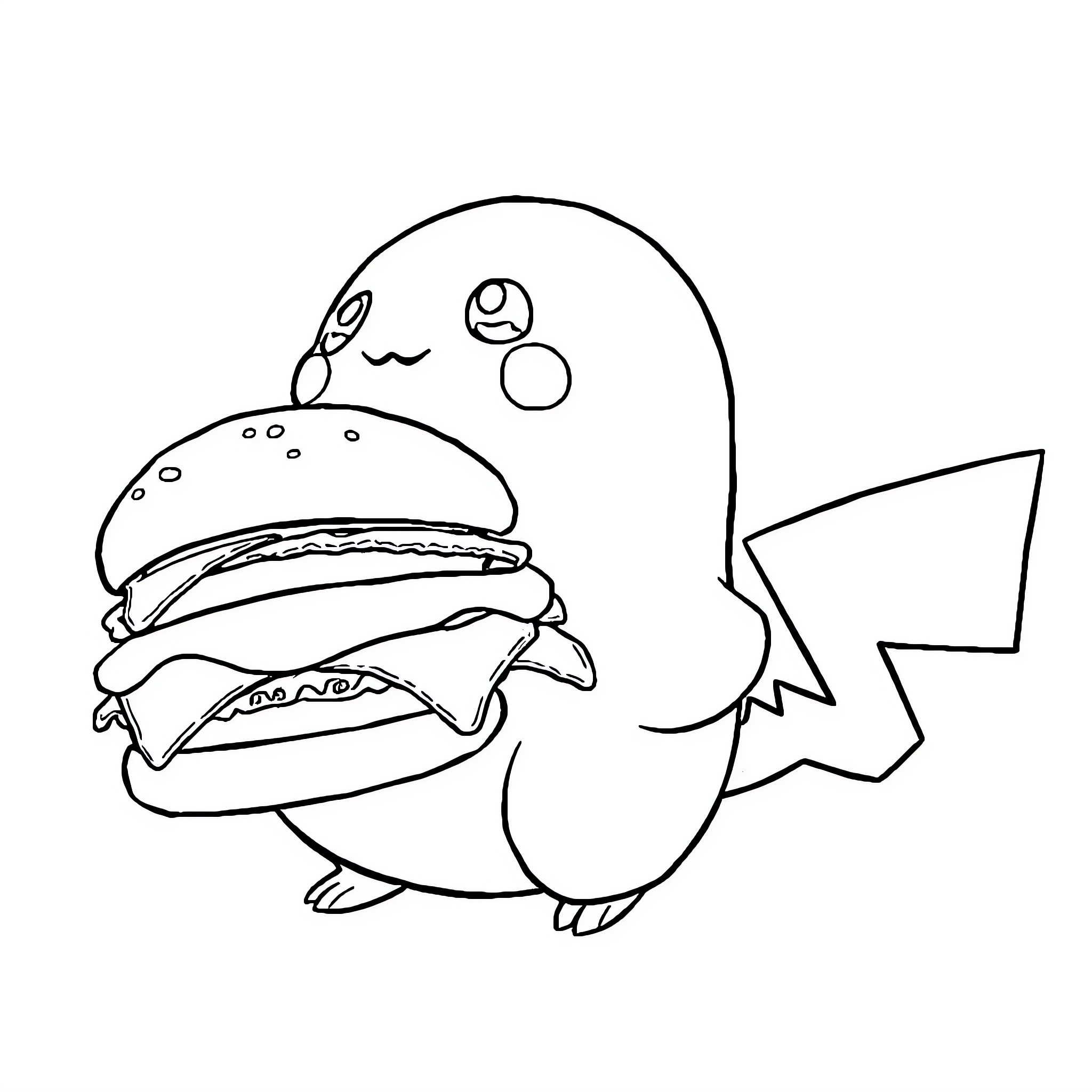 Carapuce enjoying a tasty sandwich Coloring Page (free black-and-white line drawing printable PDF for all, from beginners to advanced learners, including children, teens, adults, and seniors)