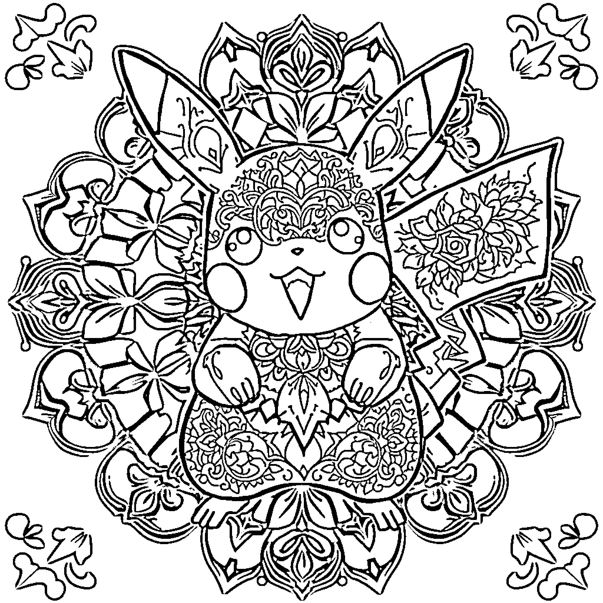 Pikachu surrounded by intricate floral and geometric patterns Coloring Page (free black-and-white line drawing printable PDF for all, from beginners to advanced learners, including children, teens, adults, and seniors)