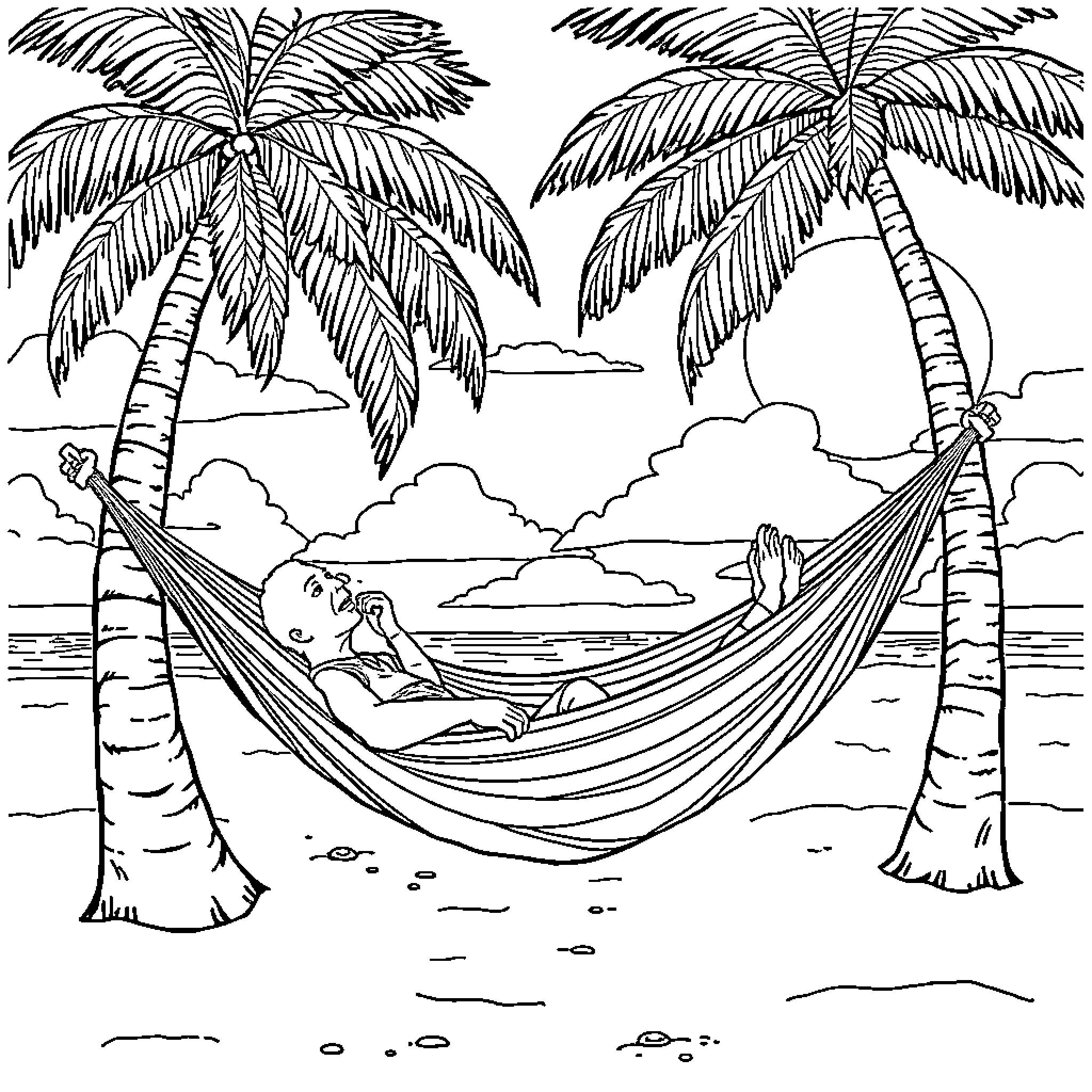 Grateful Dead relaxing in hammock on tropical beach Coloring Page (free black-and-white line drawing printable PDF for all, from beginners to advanced learners, including children, teens, adults, and seniors)