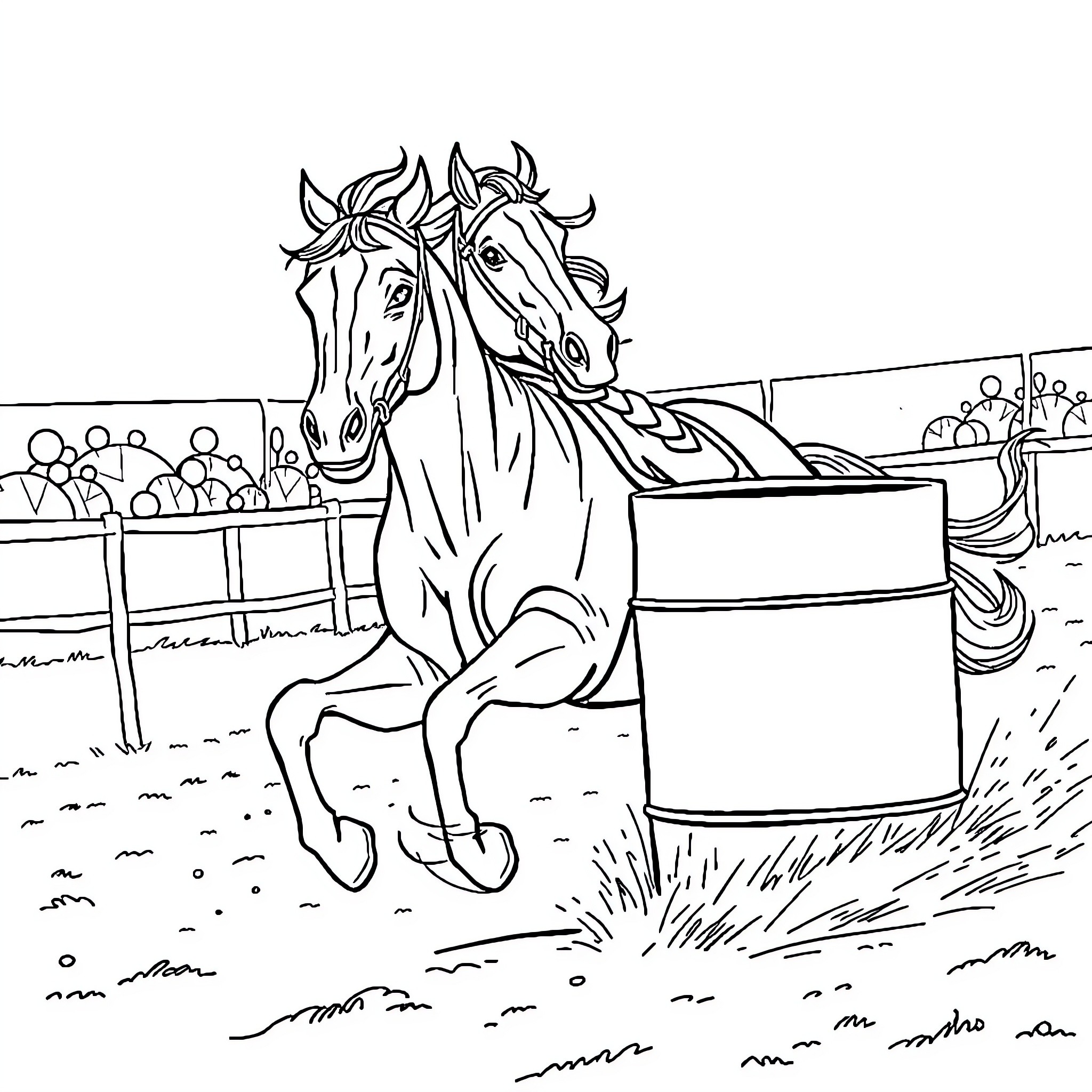 Horse galloping triumphantly in an arena Coloring Page (free black-and-white line drawing printable PDF for all, from beginners to advanced learners, including children, teens, adults, and seniors)