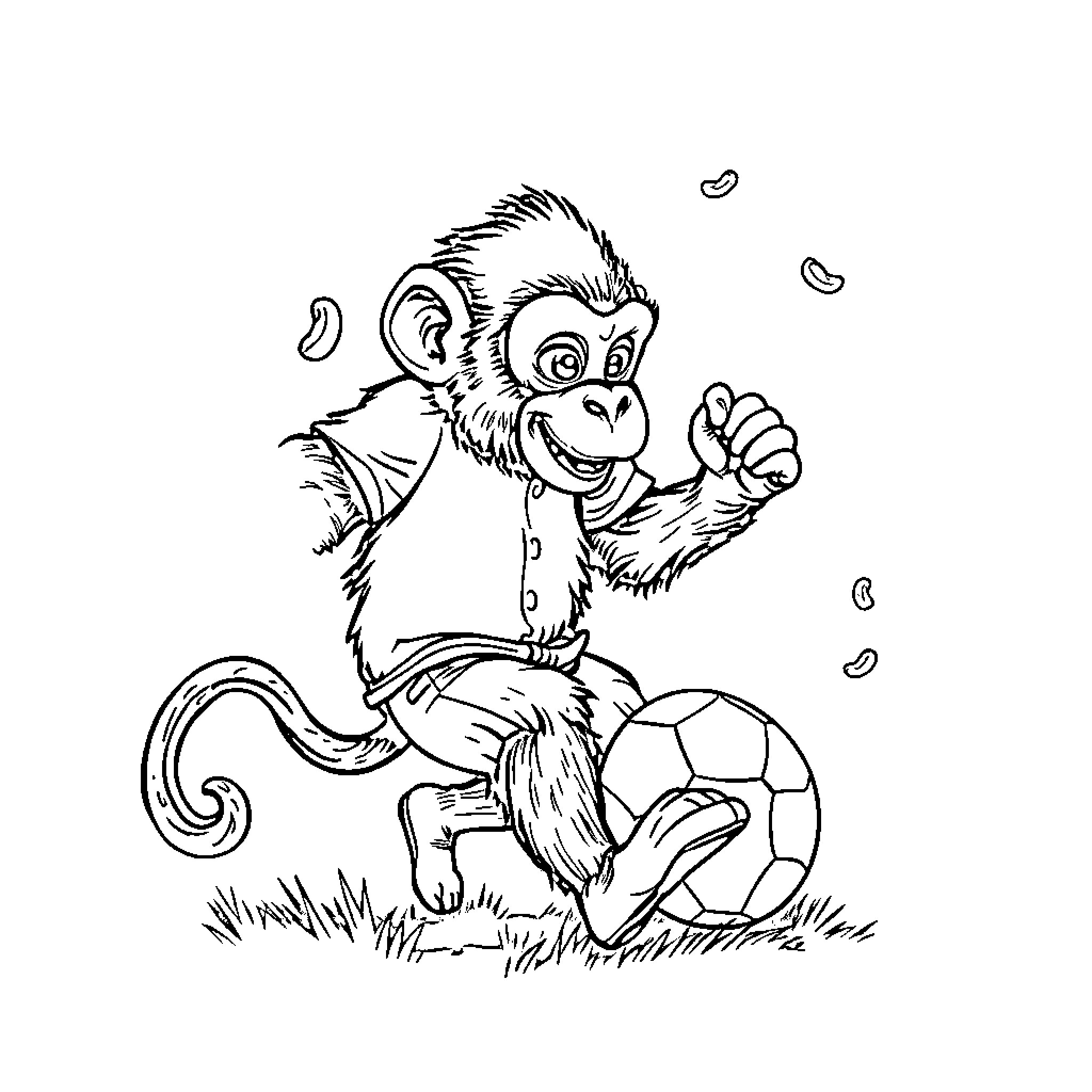 Simian Soccer Shenanigans Coloring Page (free black-and-white line drawing printable PDF for all, from beginners to advanced learners, including children, teens, adults, and seniors)