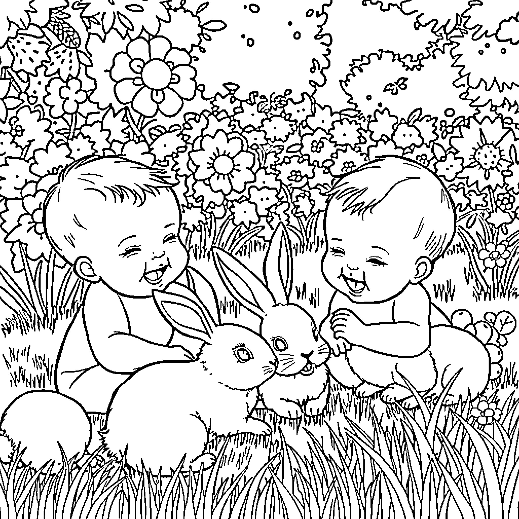 Baby friends playing with adorable bunny in floral garden Coloring Page (free black-and-white line drawing printable PDF for all, from beginners to advanced learners, including children, teens, adults, and seniors)