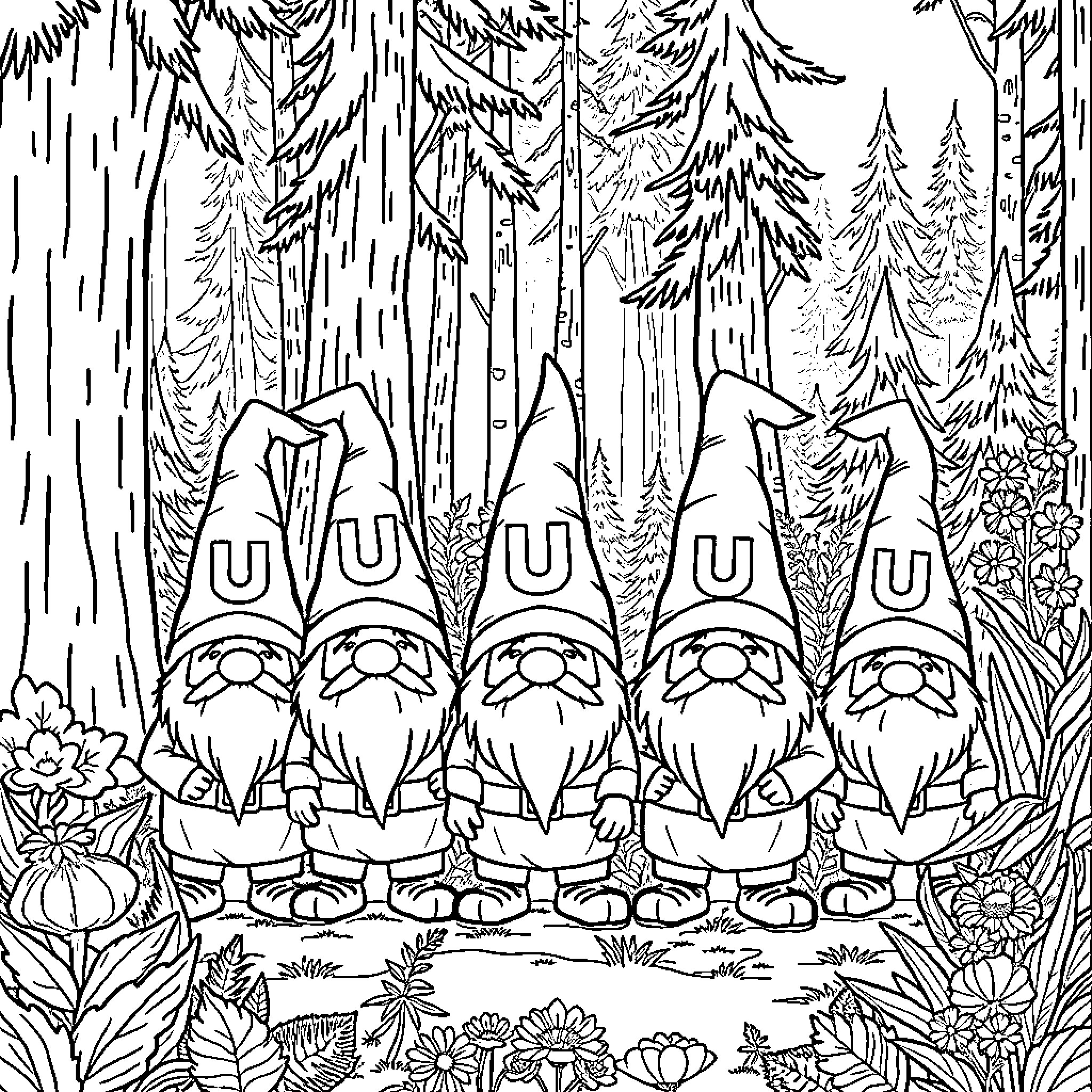 Gnome Gathering in the Enchanted Forest Coloring Page (free black-and-white line drawing printable PDF for all, from beginners to advanced learners, including children, teens, adults, and seniors)
