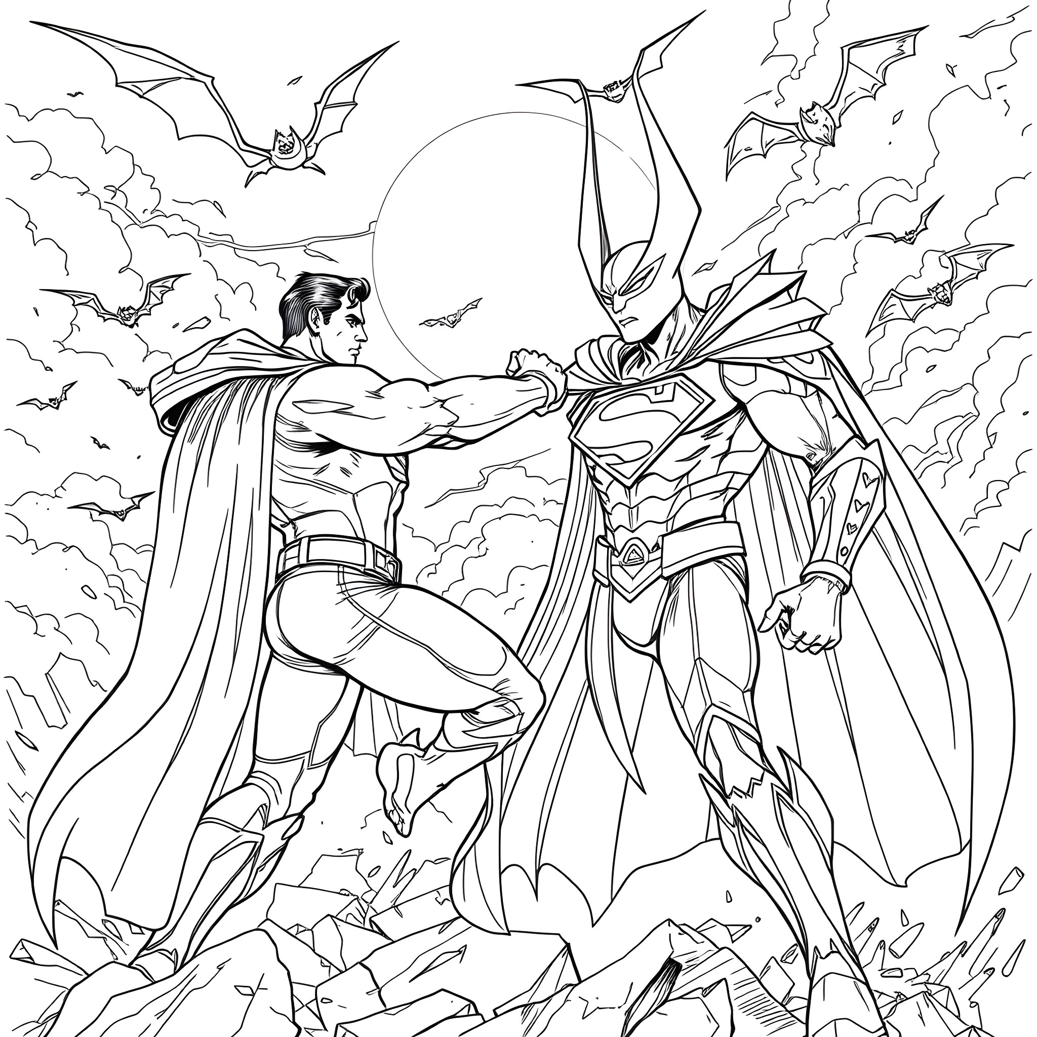 Superman and Superhero Fighting in the Sky Coloring Page (free black-and-white line drawing printable PDF for all, from beginners to advanced learners, including children, teens, adults, and seniors)