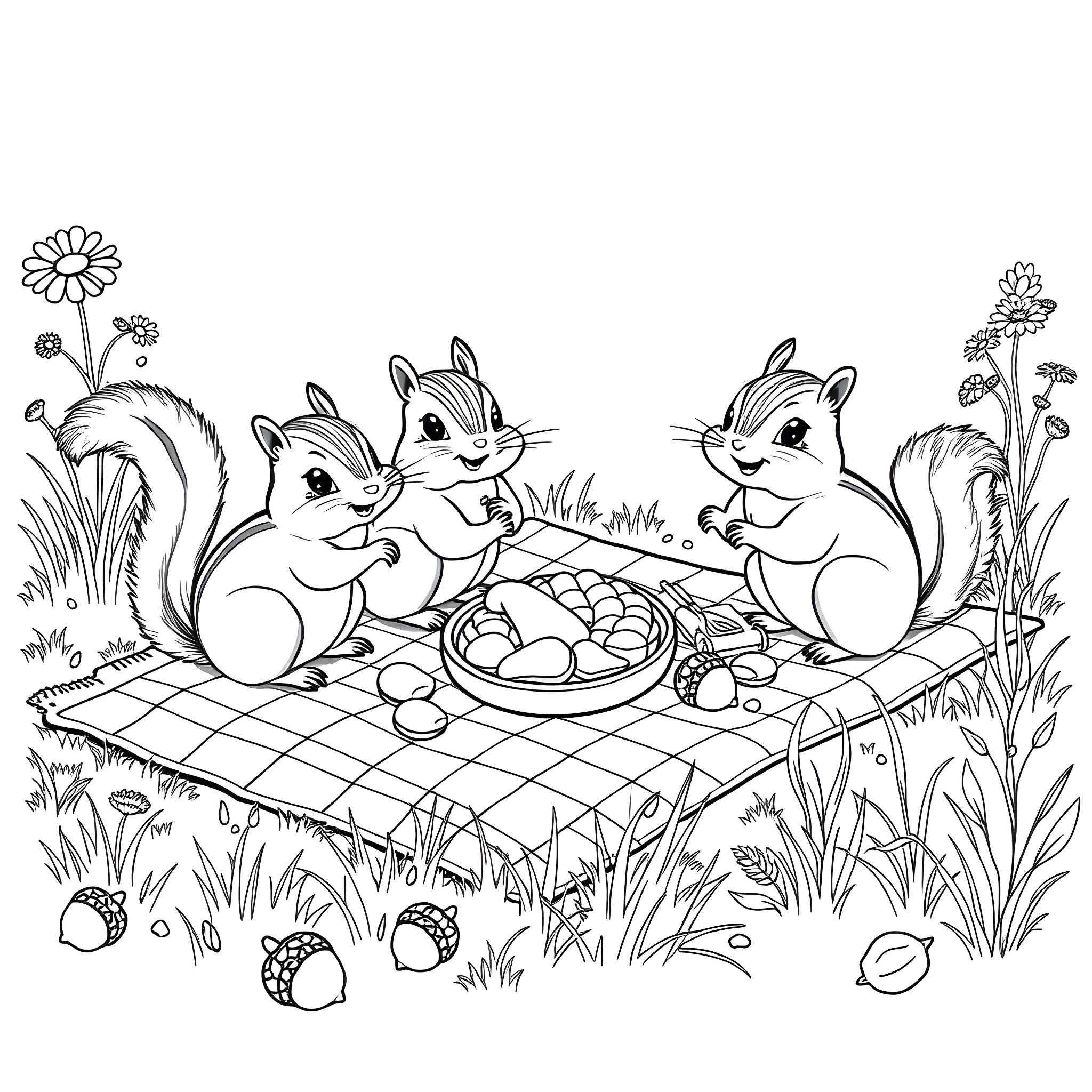Chipmunks enjoying a picnic in the park Coloring Page (free black-and-white line drawing printable PDF for all, from beginners to advanced learners, including children, teens, adults, and seniors)
