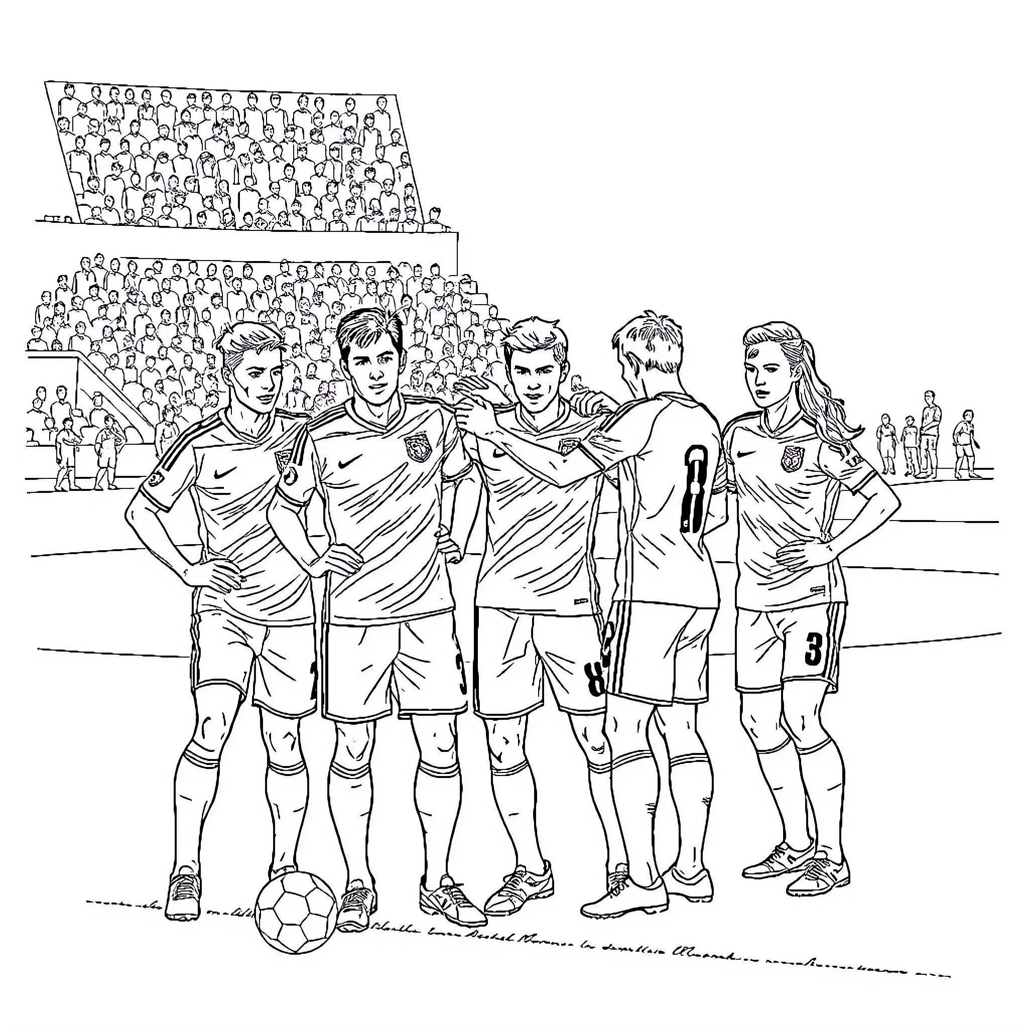 Netherlands Team Posing Together on the Field Coloring Page (free black-and-white line drawing printable PDF for all, from beginners to advanced learners, including children, teens, adults, and seniors)