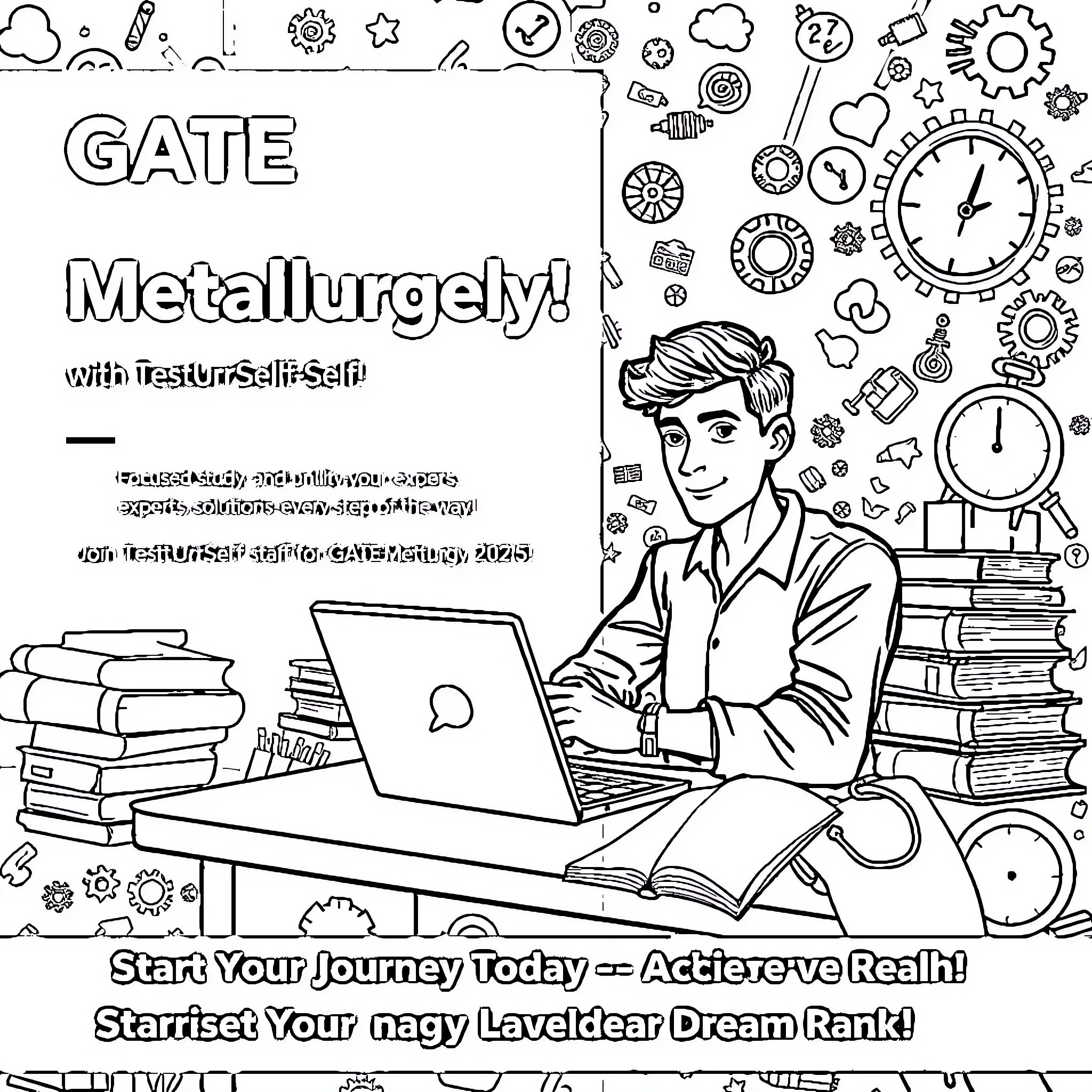 Student working diligently on laptop surrounded by academic objects Coloring Page (free black-and-white line drawing printable PDF for all, from beginners to advanced learners, including children, teens, adults, and seniors)