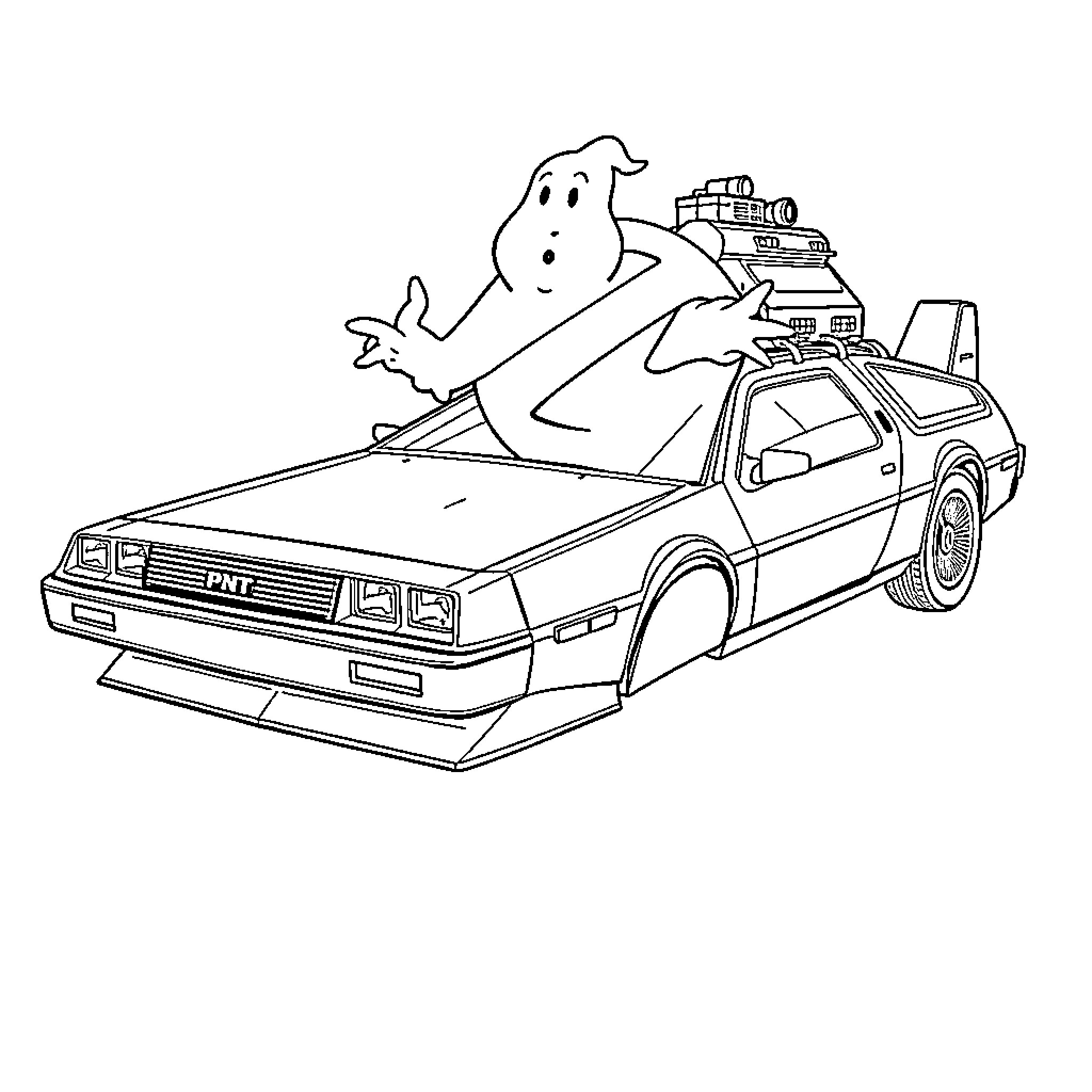 DeLorean time machine with Ghostbusters character Coloring Page (free black-and-white line drawing printable PDF for all, from beginners to advanced learners, including children, teens, adults, and seniors)