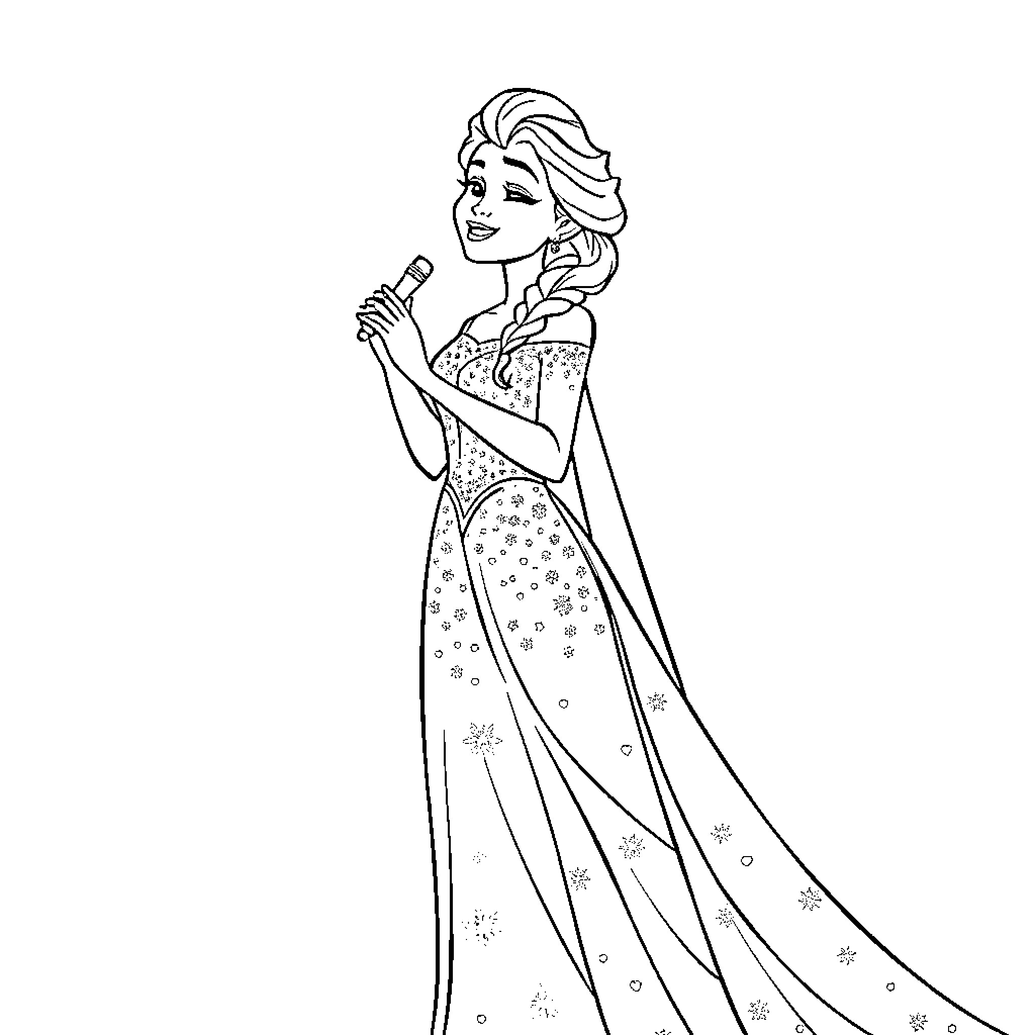 Elsa singing and spreading her magical powers Coloring Page (free black-and-white line drawing printable PDF for all, from beginners to advanced learners, including children, teens, adults, and seniors)