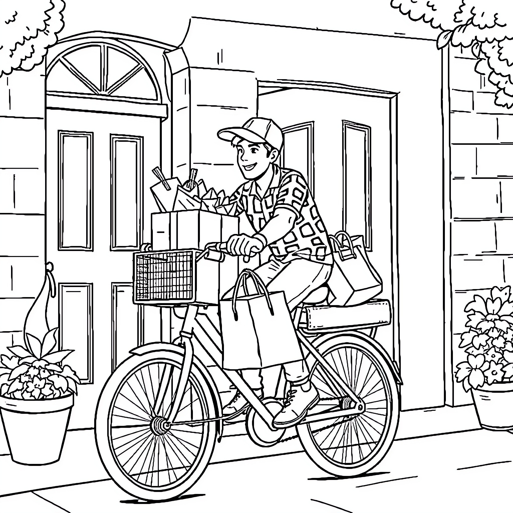 Delivery Guy Riding Bicycle with Groceries Coloring Page (free black-and-white line drawing printable PDF for all, from beginners to advanced learners, including children, teens, adults, and seniors)