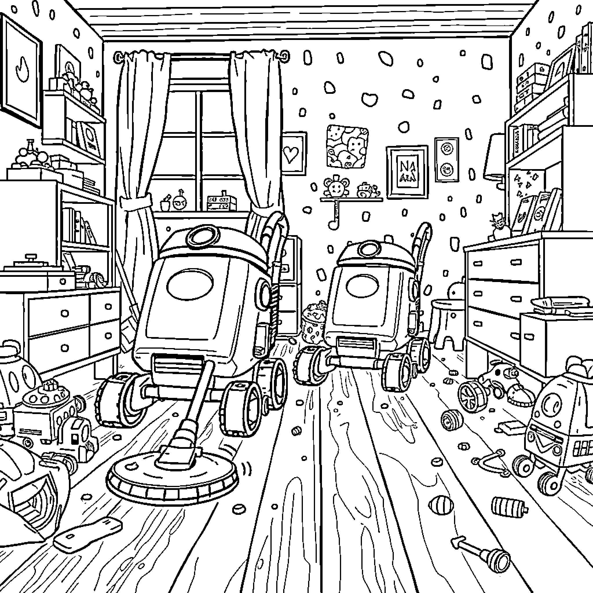 Robot Assistants Cleaning Messy Bedroom Coloring Page (free black-and-white line drawing printable PDF for all, from beginners to advanced learners, including children, teens, adults, and seniors)
