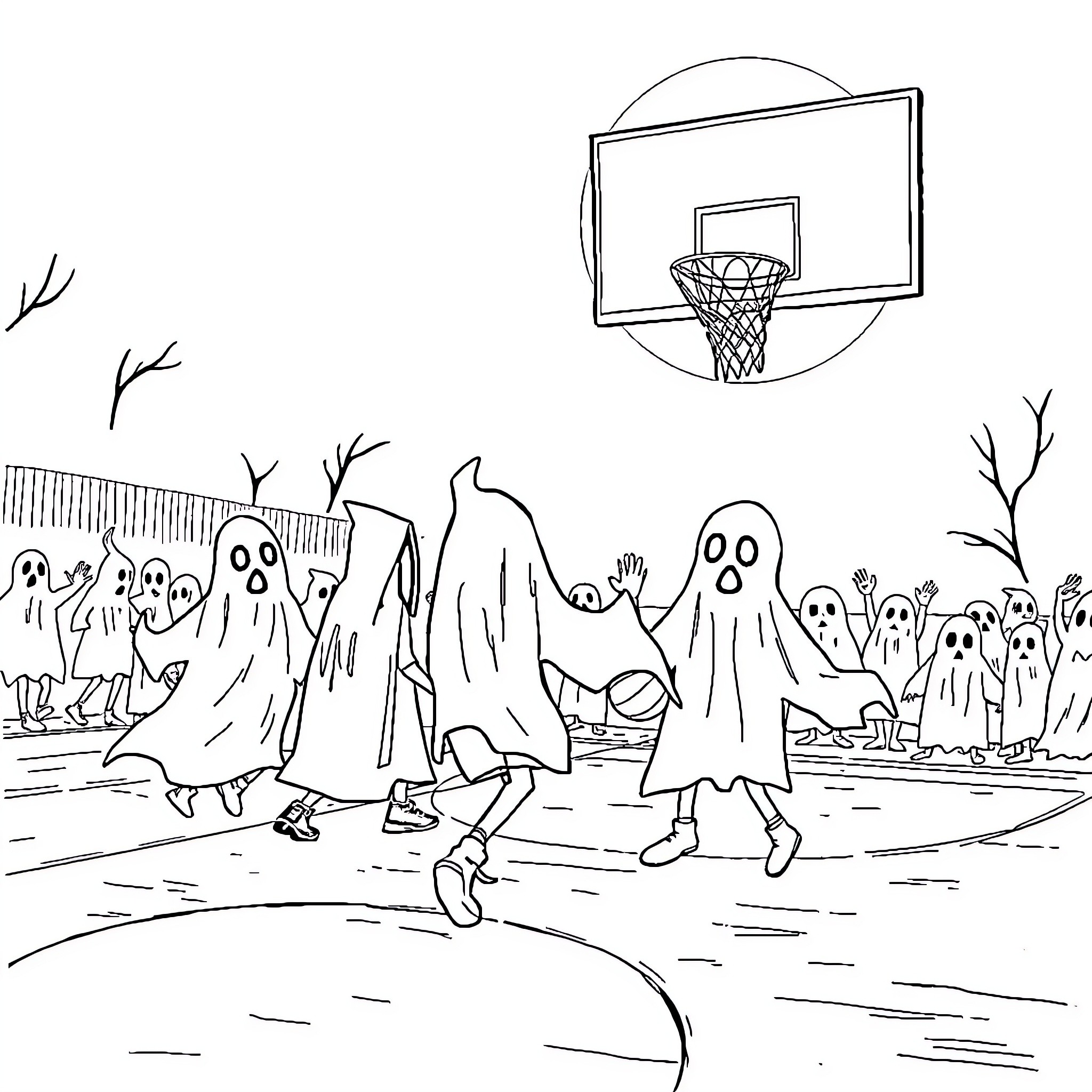 Basketball Player Shooting Hoops with Ghostly Figures Coloring Page (free black-and-white line drawing printable PDF for all, from beginners to advanced learners, including children, teens, adults, and seniors)