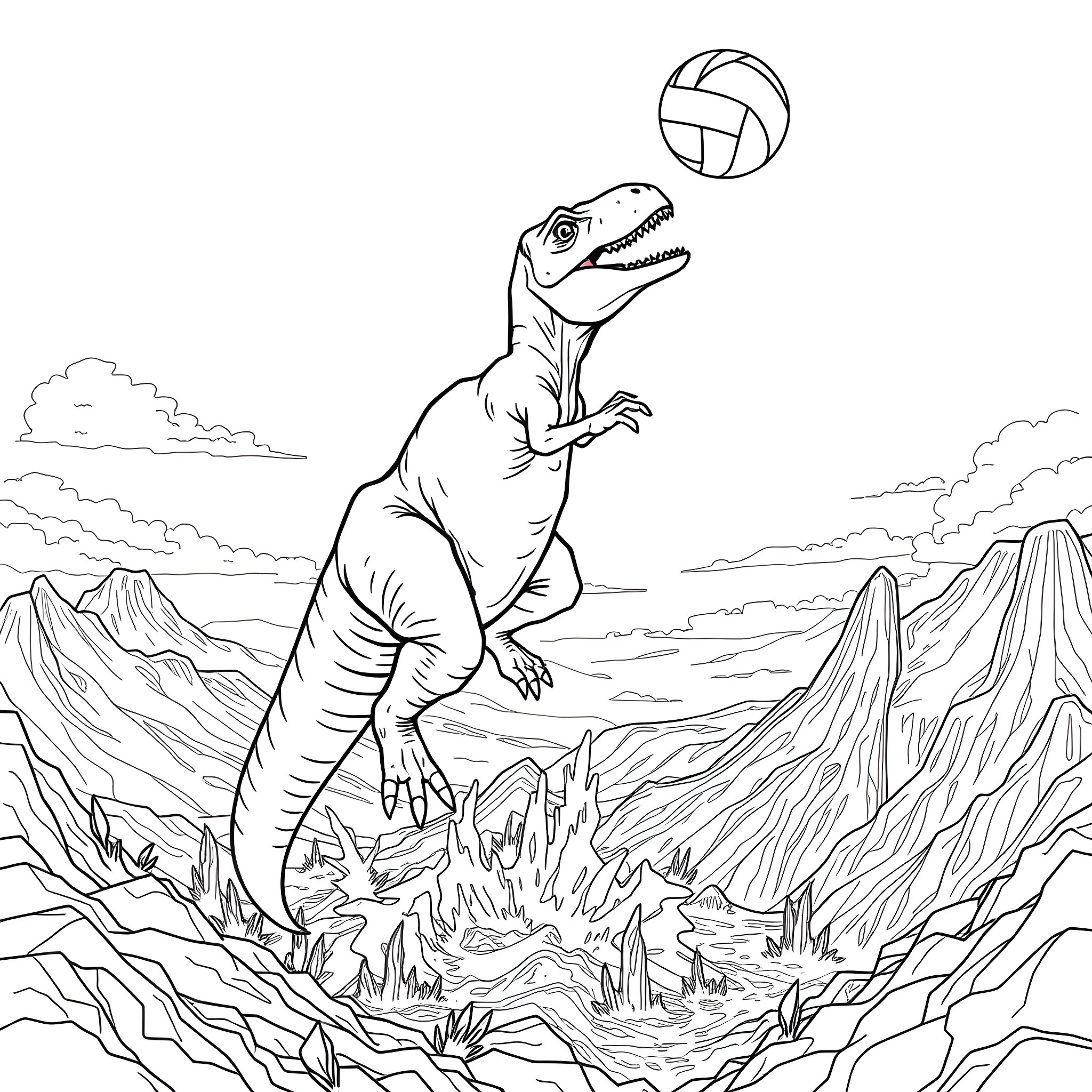 T-Rex Playing Volleyball in the Prehistoric Landscape Coloring Page (free black-and-white line drawing printable PDF for all, from beginners to advanced learners, including children, teens, adults, and seniors)