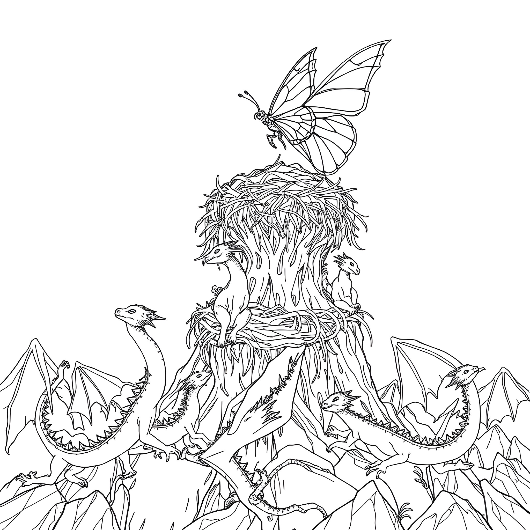 Butterfly fairy with dragon companions in a fantasy landscape Coloring Page (free black-and-white line drawing printable PDF for all, from beginners to advanced learners, including children, teens, adults, and seniors)