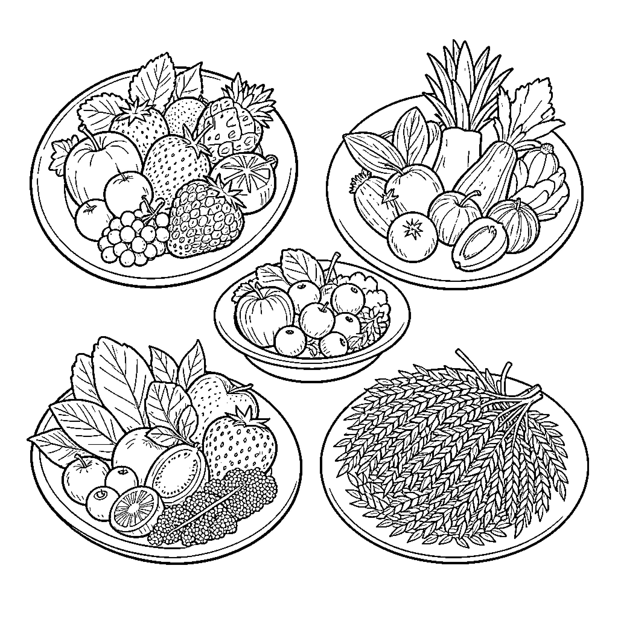 Food arranged in various bowls and plates Coloring Page (free black-and-white line drawing printable PDF for all, from beginners to advanced learners, including children, teens, adults, and seniors)