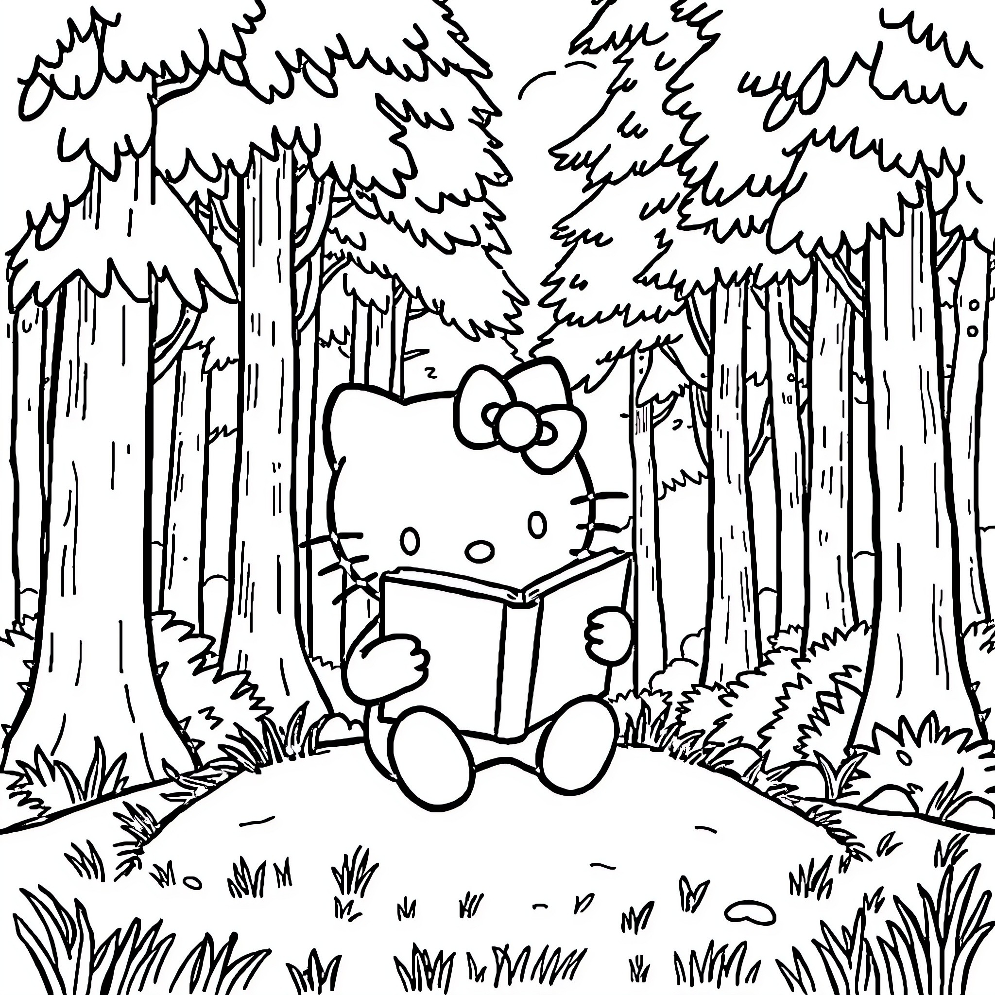 Hello Kitty reading a book in the forest Coloring Page (free black-and-white line drawing printable PDF for all, from beginners to advanced learners, including children, teens, adults, and seniors)