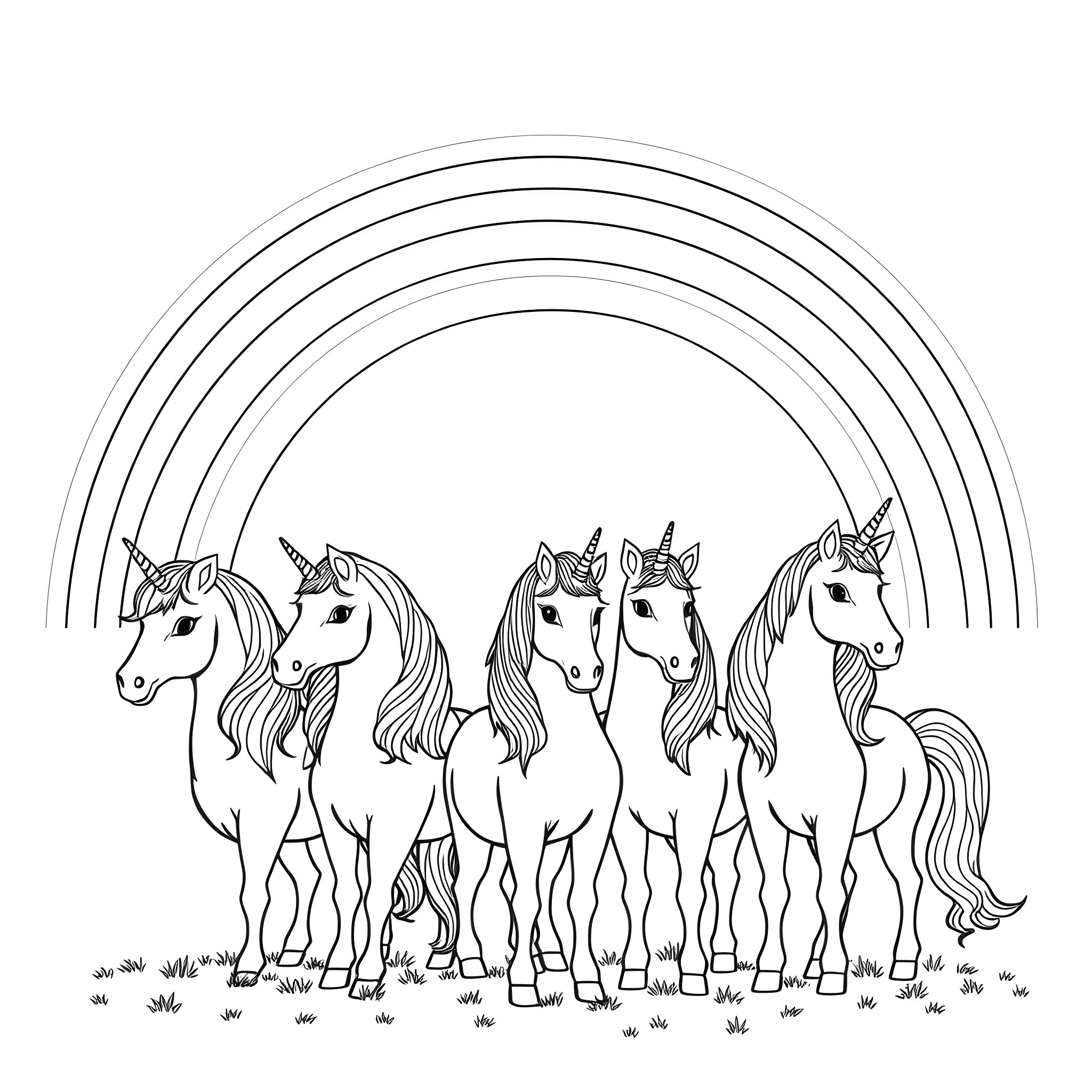 Unicorn herd playing under a rainbow Coloring Page (free black-and-white line drawing printable PDF for all, from beginners to advanced learners, including children, teens, adults, and seniors)