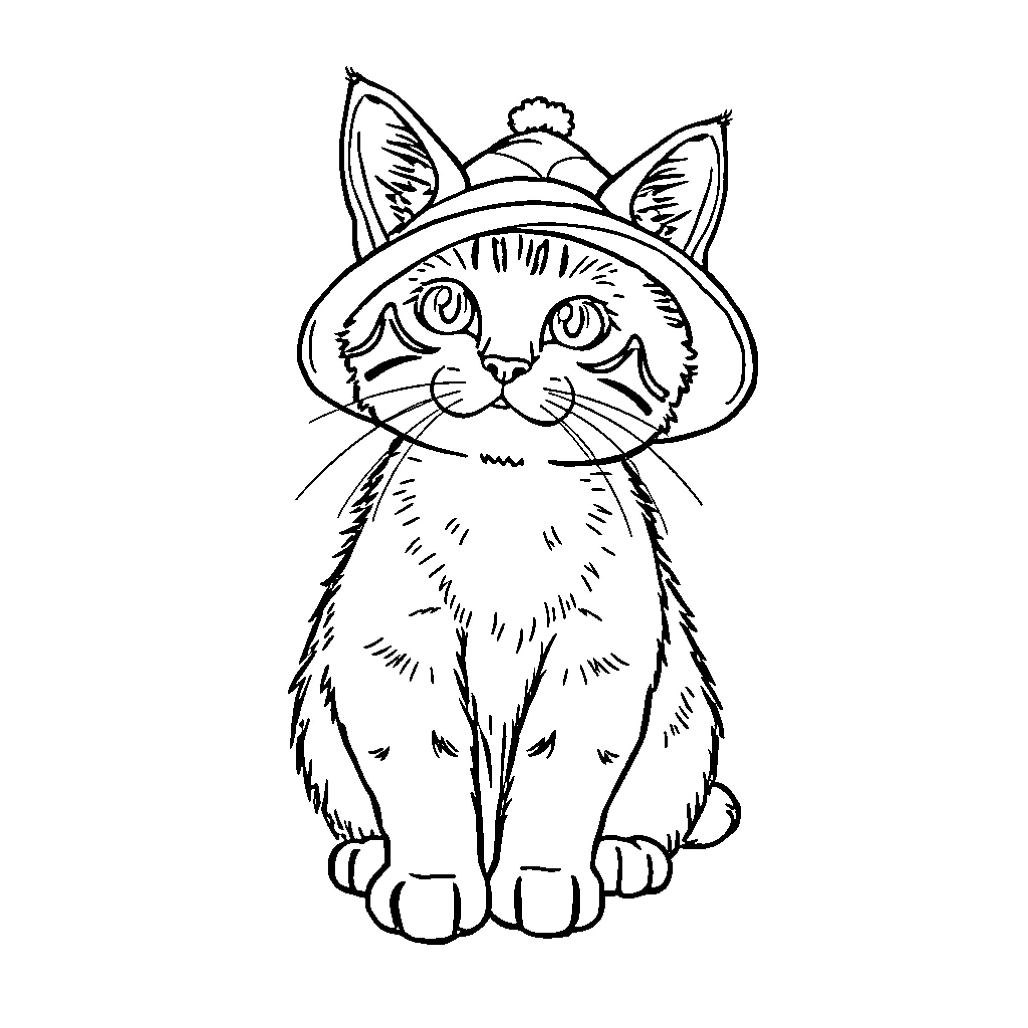 Cat wearing a fancy hat Coloring Page (free black-and-white line drawing printable PDF for all, from beginners to advanced learners, including children, teens, adults, and seniors)