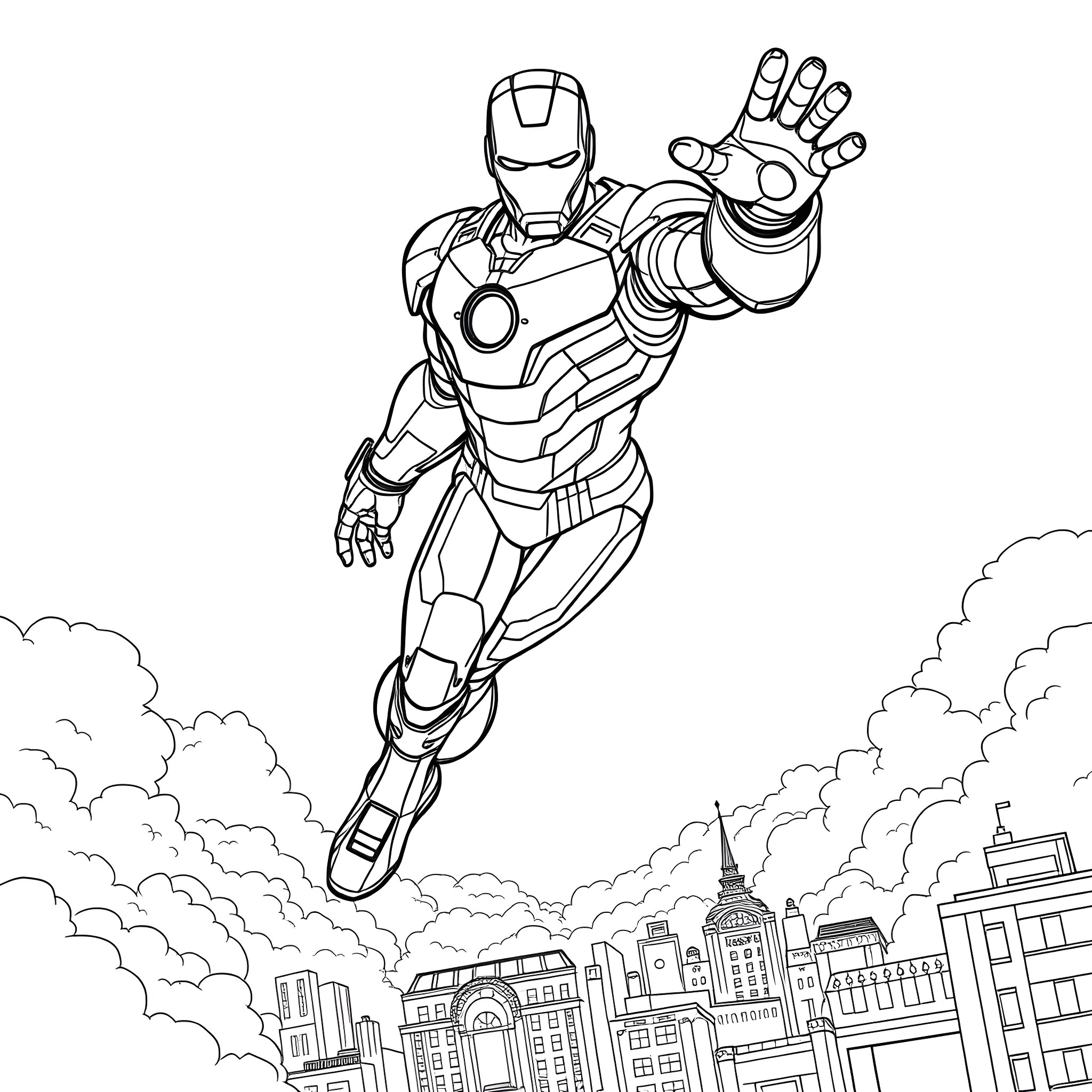 Ironman in Action over the Cityscape Coloring Page (free black-and-white line drawing printable PDF for all, from beginners to advanced learners, including children, teens, adults, and seniors)