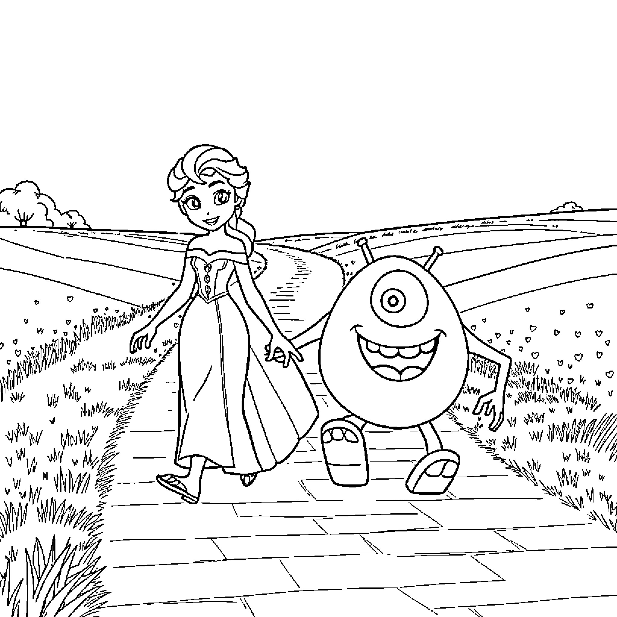 Elsa enjoying a walk with her friendly monster companion Coloring Page (free black-and-white line drawing printable PDF for all, from beginners to advanced learners, including children, teens, adults, and seniors)