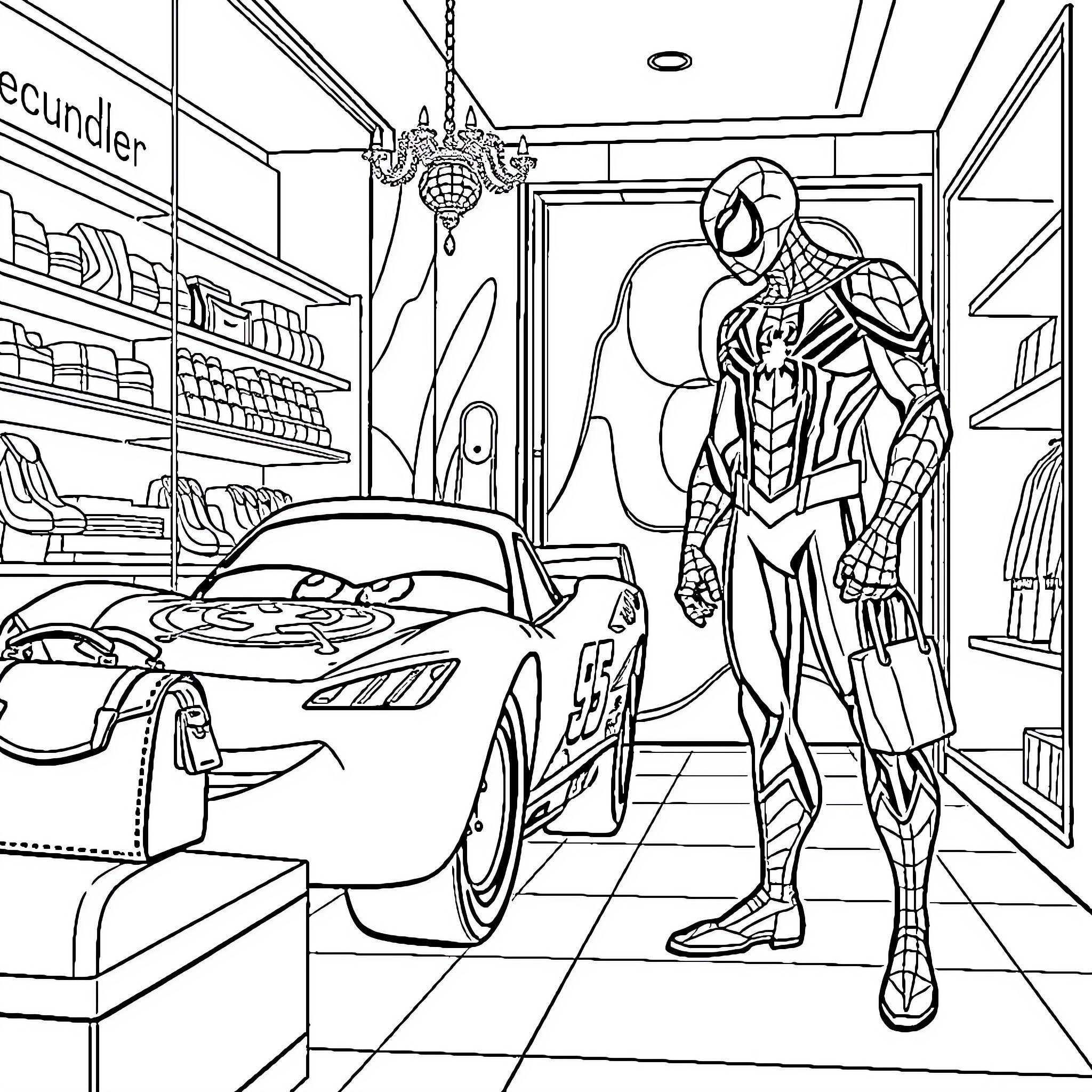 Flash McQueen visits Spider-Man's secret garage Coloring Page (free black-and-white line drawing printable PDF for all, from beginners to advanced learners, including children, teens, adults, and seniors)