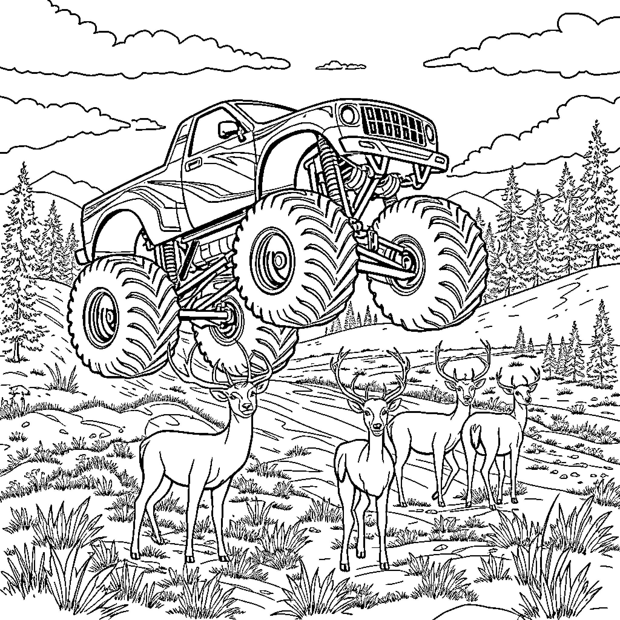 Monster Truck Crushes Through the Forest Adventure Coloring Page (free black-and-white line drawing printable PDF for all, from beginners to advanced learners, including children, teens, adults, and seniors)